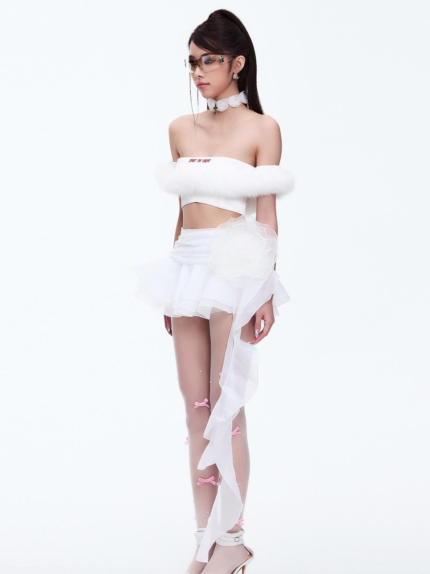 START THE ENGINE One Shoulder Fur Collar Spliced Cropped Women's Knit Polyester Tube Tops