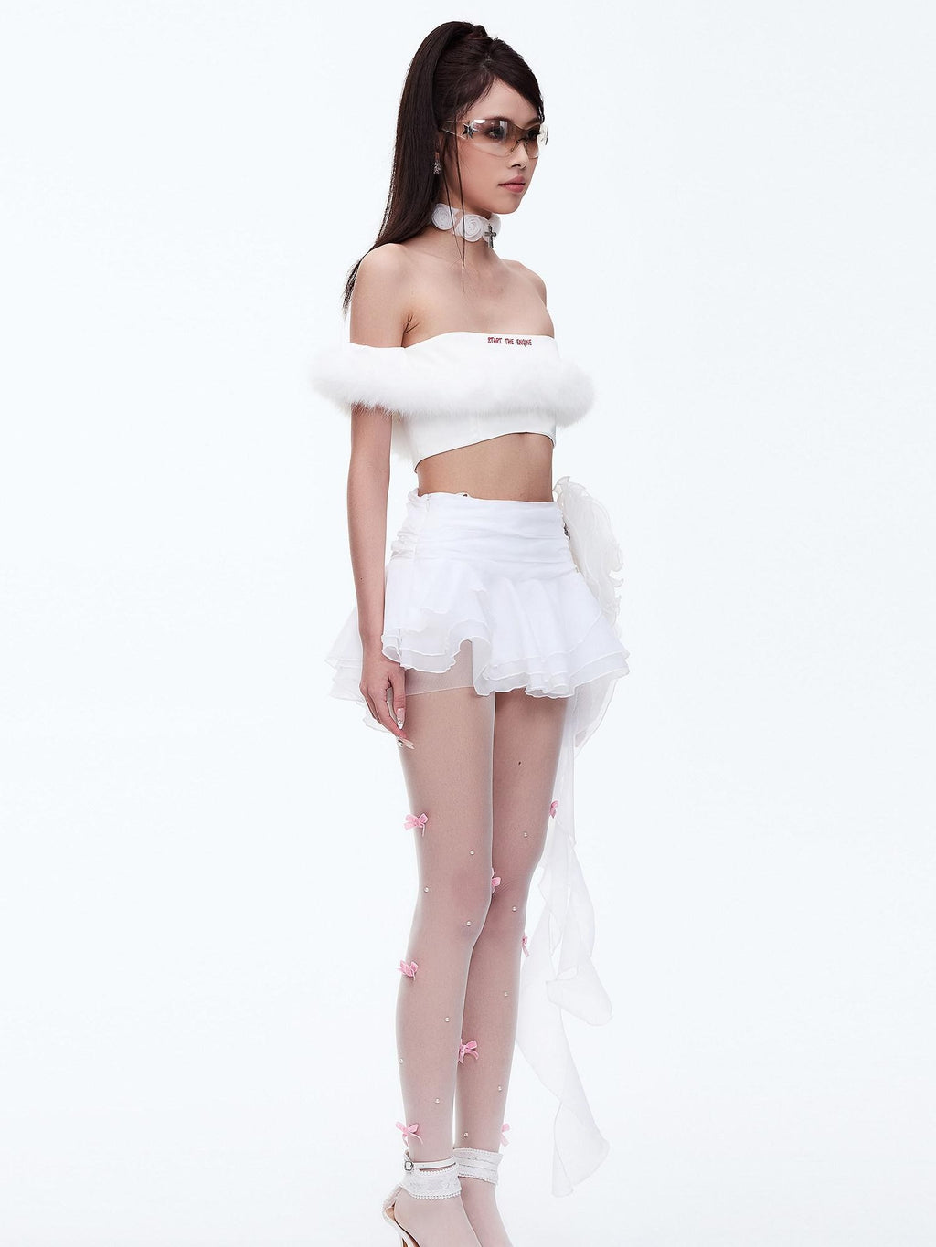 START THE ENGINE One Shoulder Fur Collar Spliced Cropped Women's Knit Polyester Tube Tops