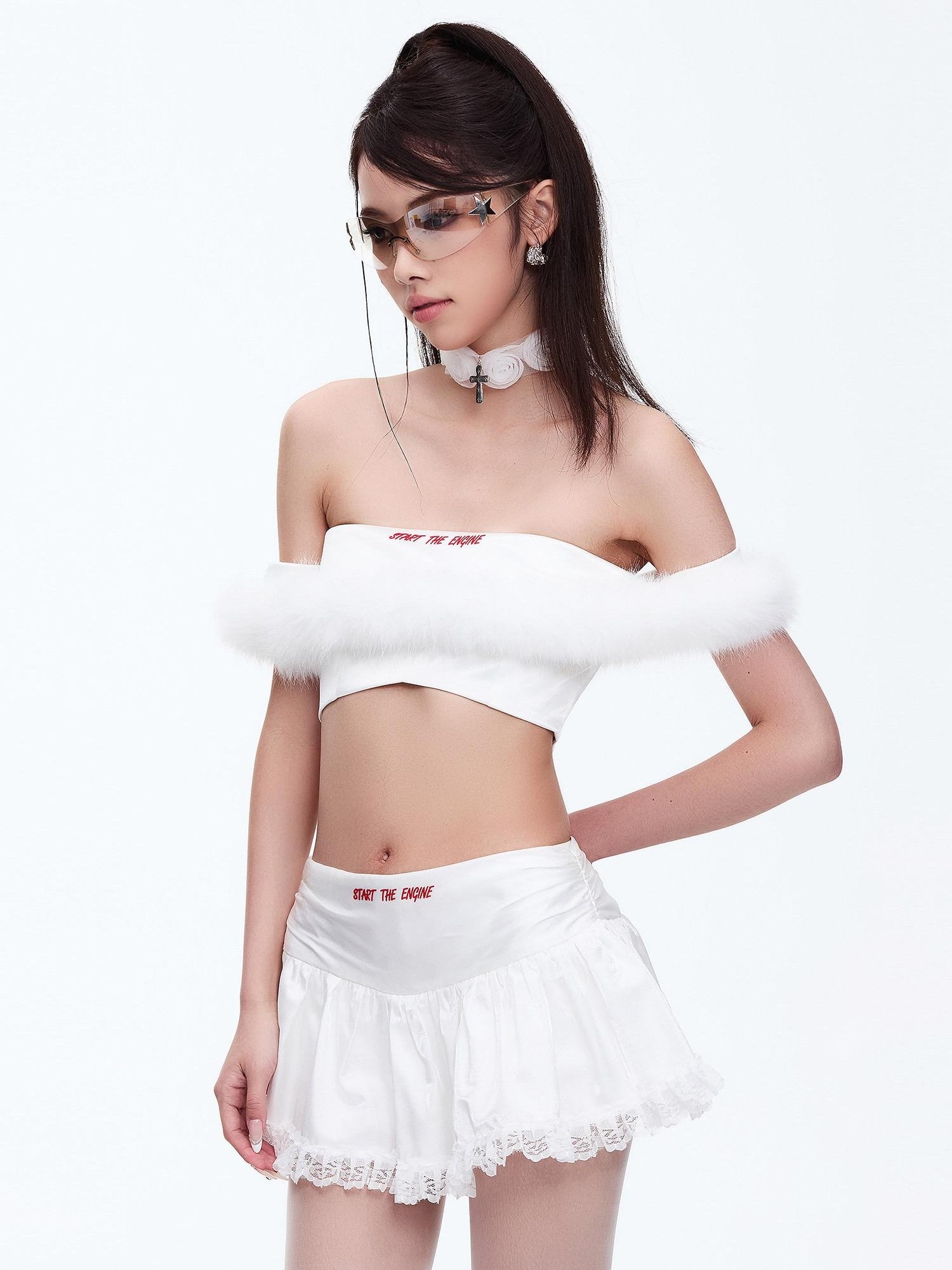 START THE ENGINE One Shoulder Fur Collar Spliced Cropped Women's Knit Polyester Tube Tops