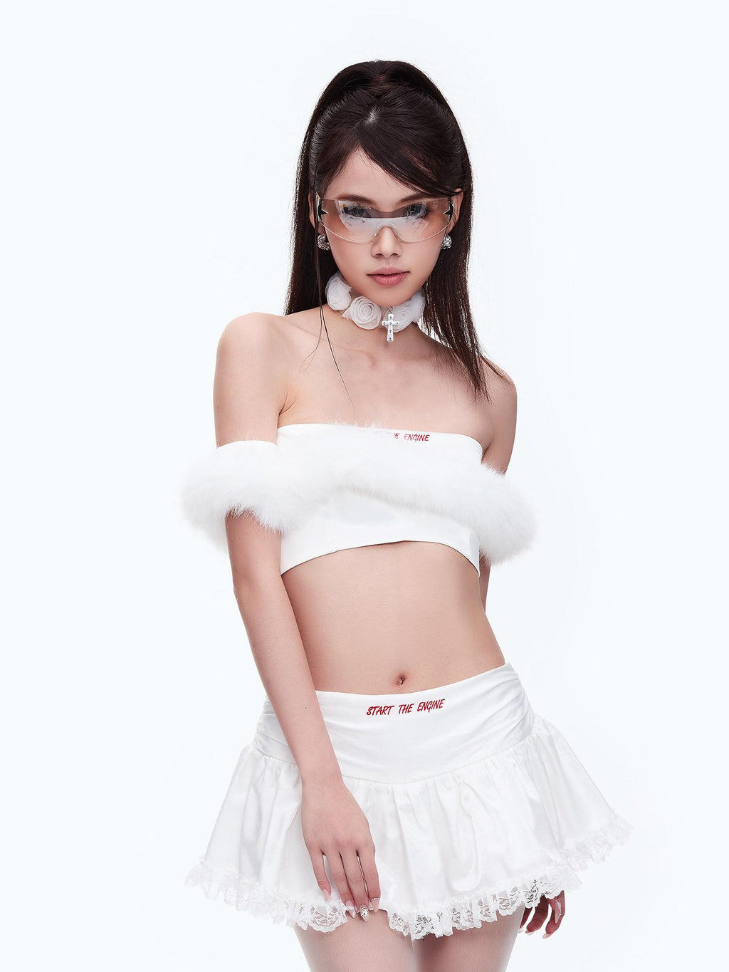 START THE ENGINE One Shoulder Fur Collar Spliced Cropped Women's Knit Polyester Tube Tops