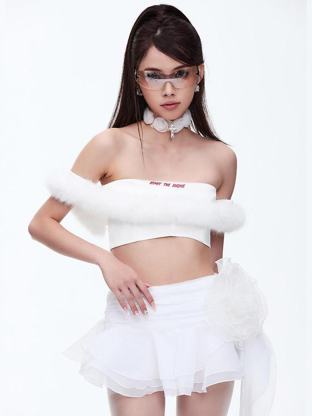 START THE ENGINE One Shoulder Fur Collar Spliced Cropped Women's Knit Polyester Tube Tops