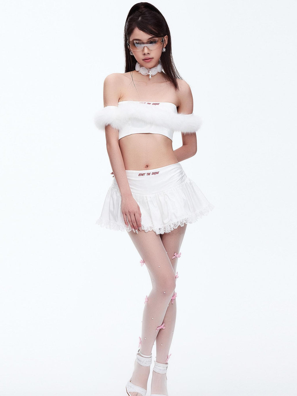 START THE ENGINE One Shoulder Fur Collar Spliced Cropped Women's Knit Polyester Tube Tops