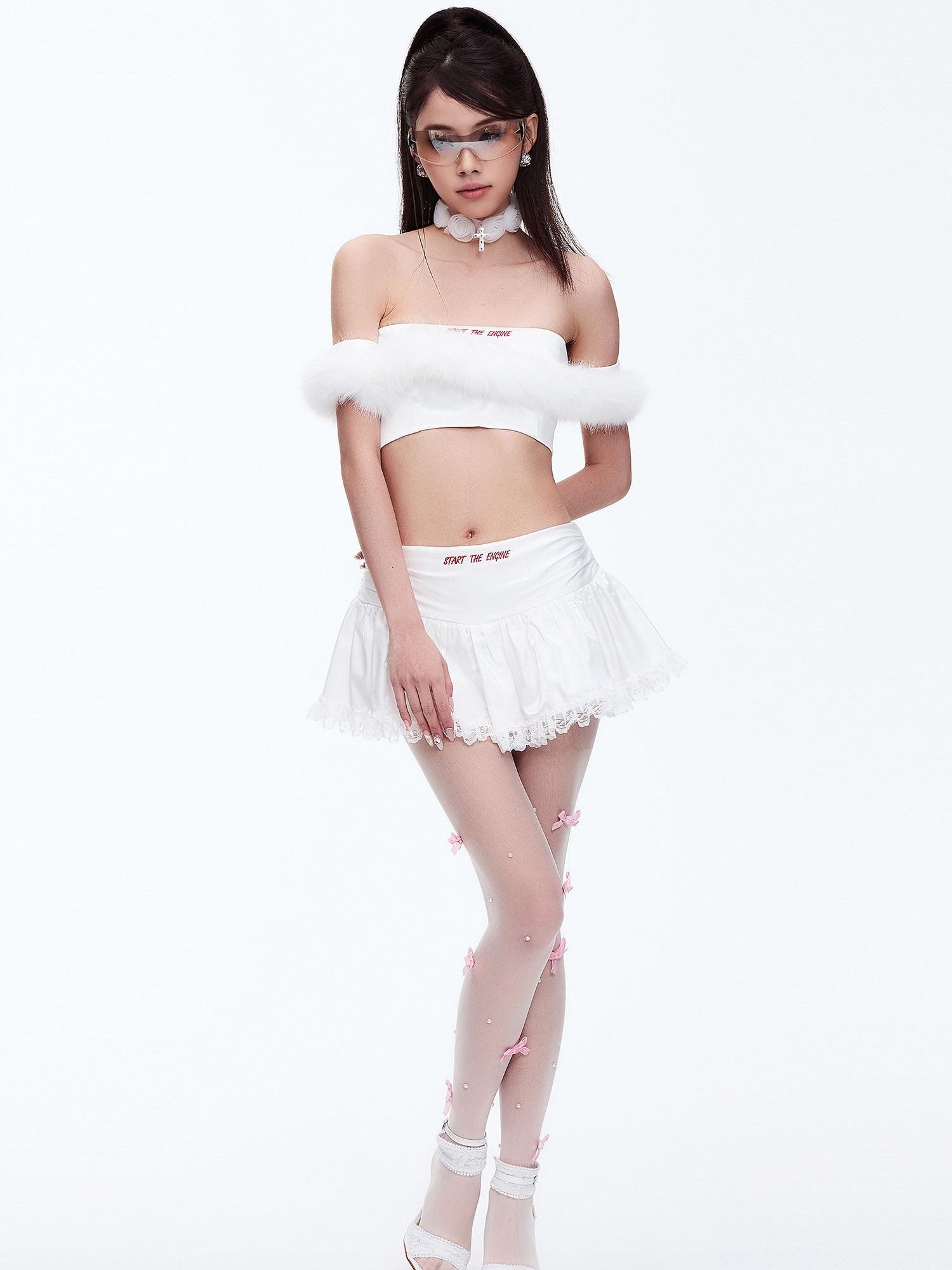 START THE ENGINE One Shoulder Fur Collar Spliced Cropped Women's Knit Polyester Tube Tops