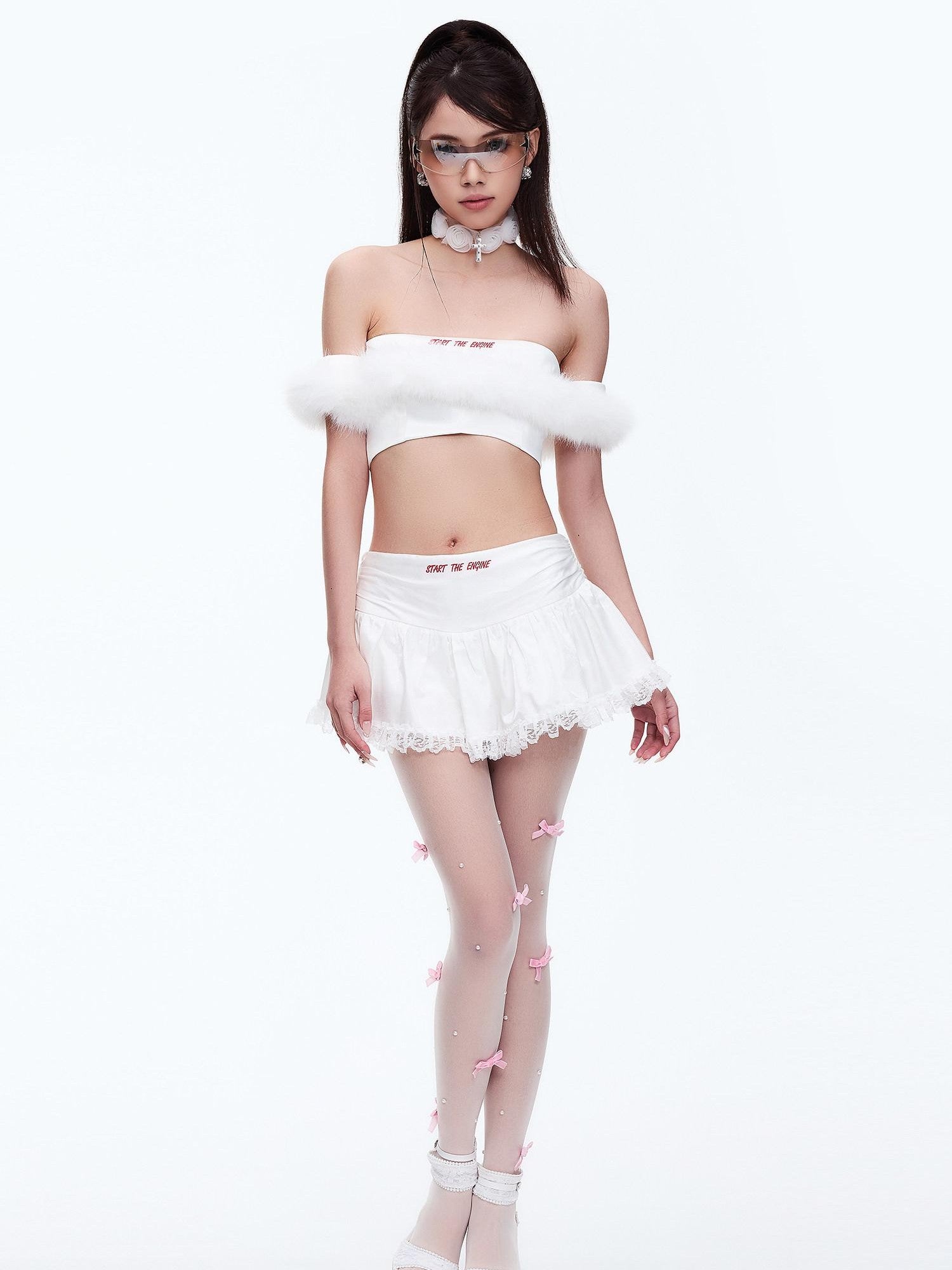 START THE ENGINE One Shoulder Fur Collar Spliced Cropped Women's Knit Polyester Tube Tops