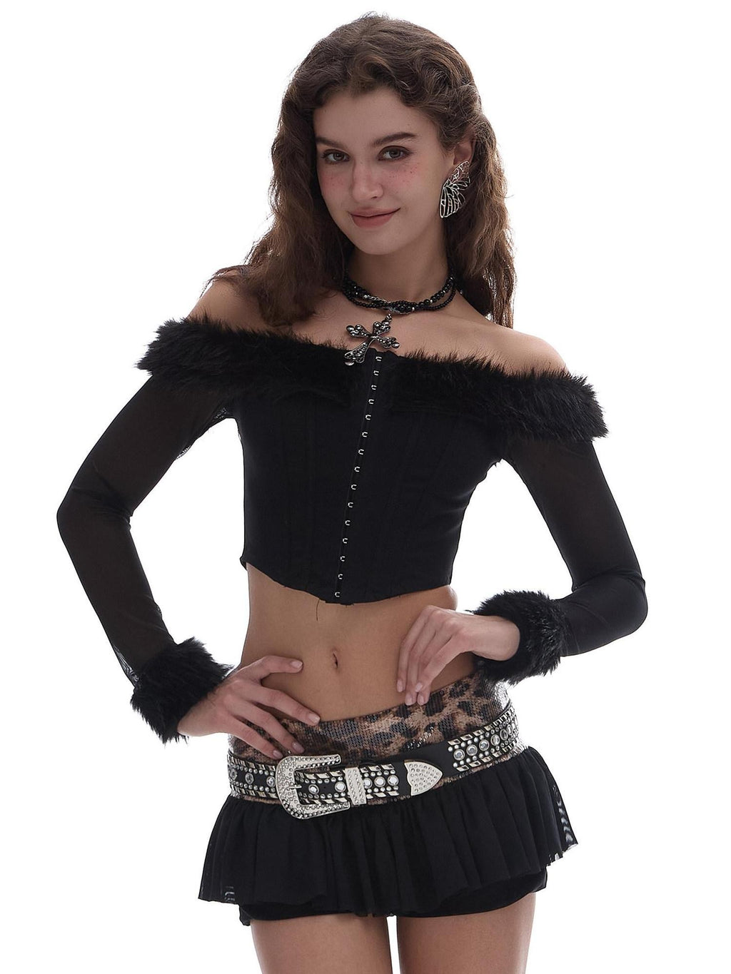 START THE ENGINE One Shoulder Fur Collar Spliced Hook Boned Women's Mesh Long Sleeve T-shirts