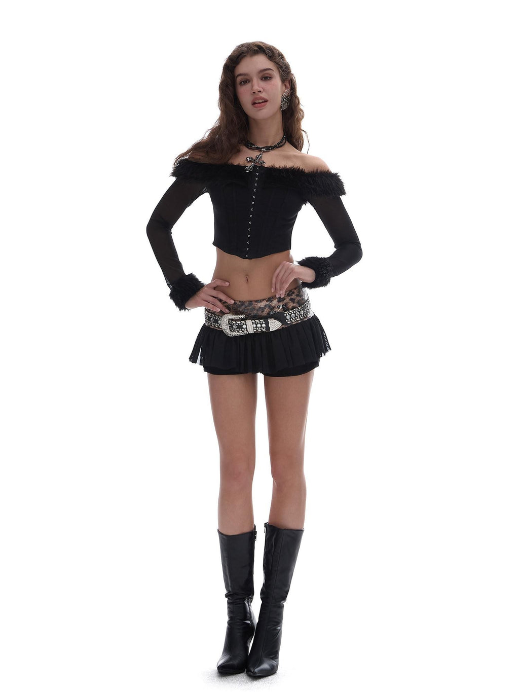 START THE ENGINE One Shoulder Fur Collar Spliced Hook Boned Women's Mesh Long Sleeve T-shirts