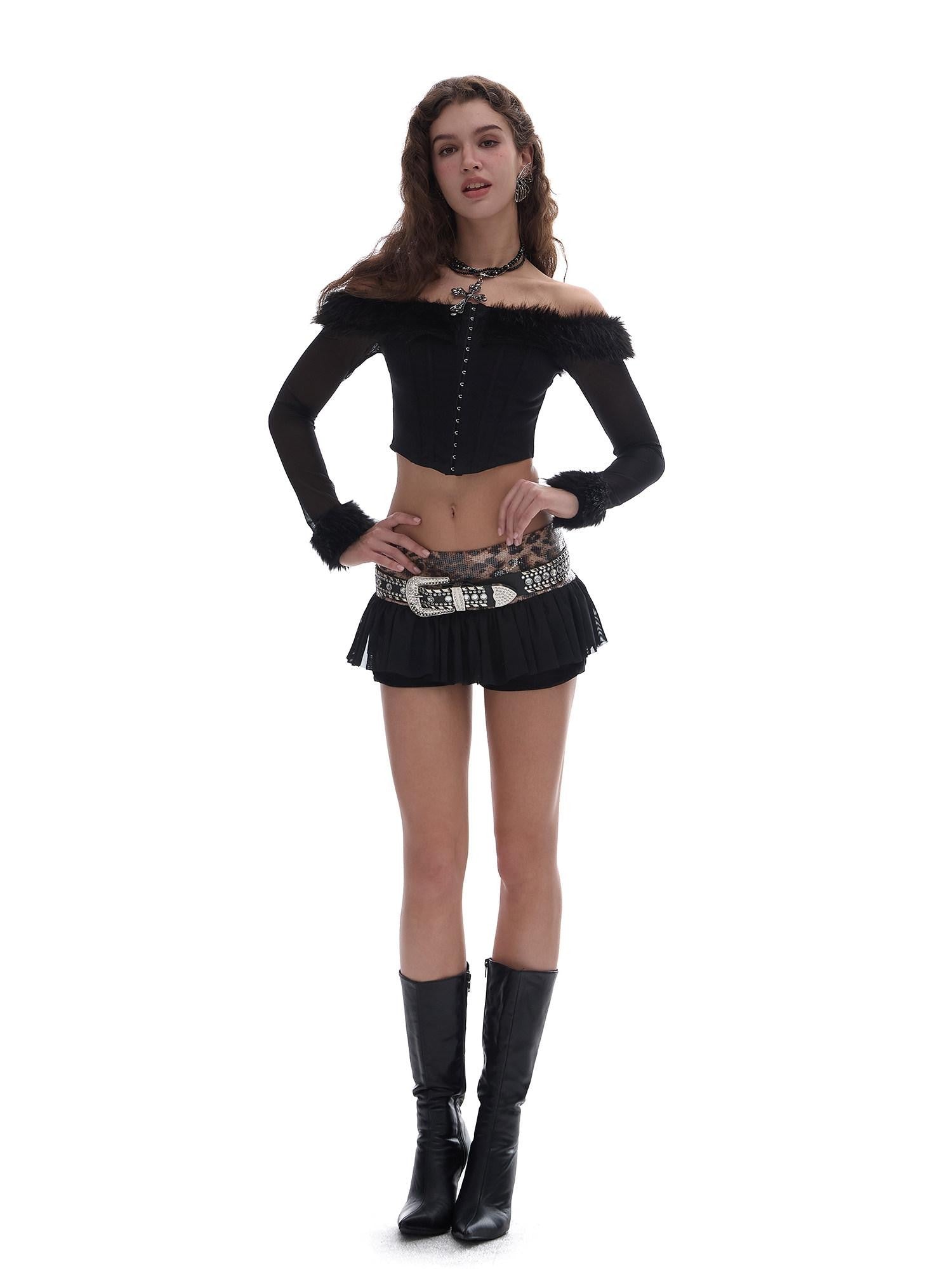 START THE ENGINE One Shoulder Fur Collar Spliced Hook Boned Women's Mesh Long Sleeve T-shirts