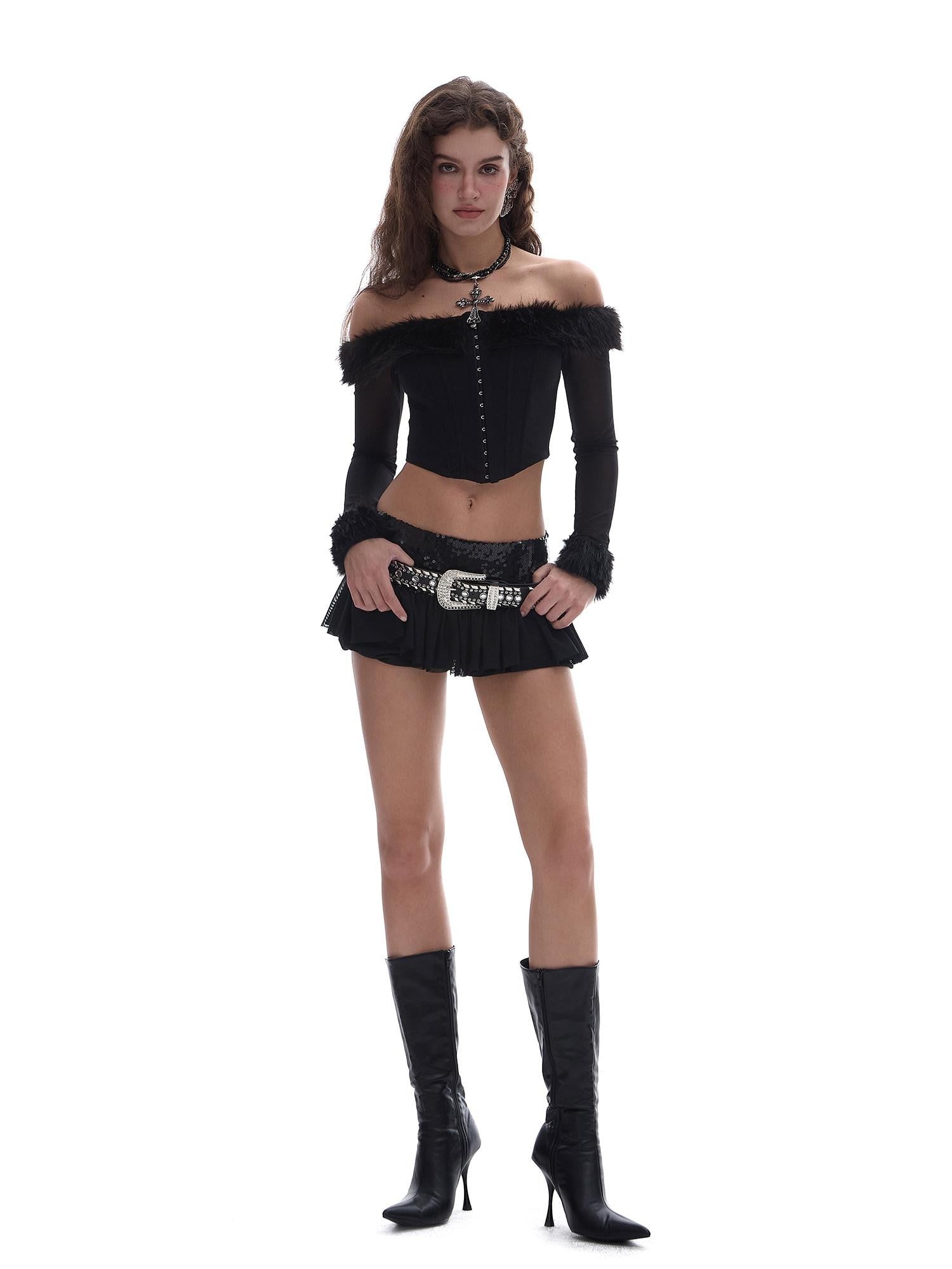 START THE ENGINE One Shoulder Fur Collar Spliced Hook Boned Women's Mesh Long Sleeve T-shirts