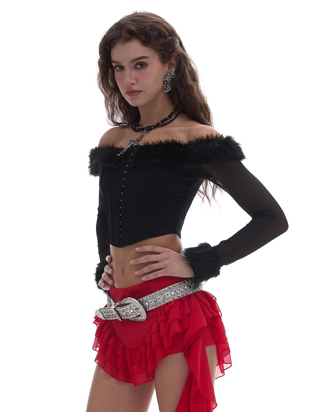 START THE ENGINE One Shoulder Fur Collar Spliced Hook Boned Women's Mesh Long Sleeve T-shirts