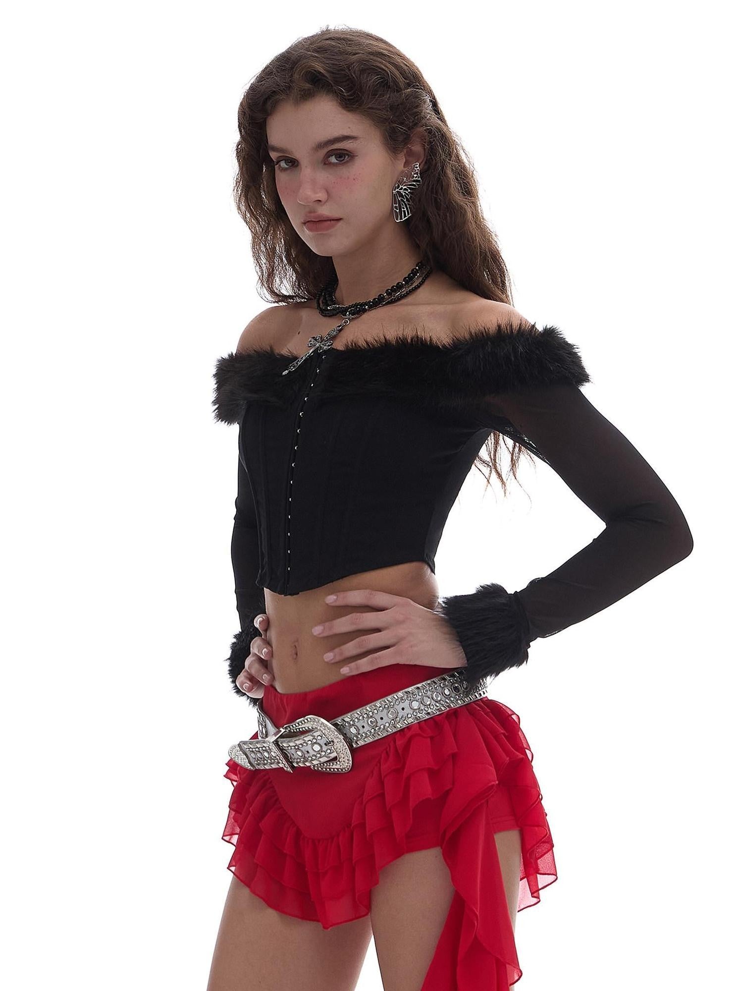 START THE ENGINE One Shoulder Fur Collar Spliced Hook Boned Women's Mesh Long Sleeve T-shirts