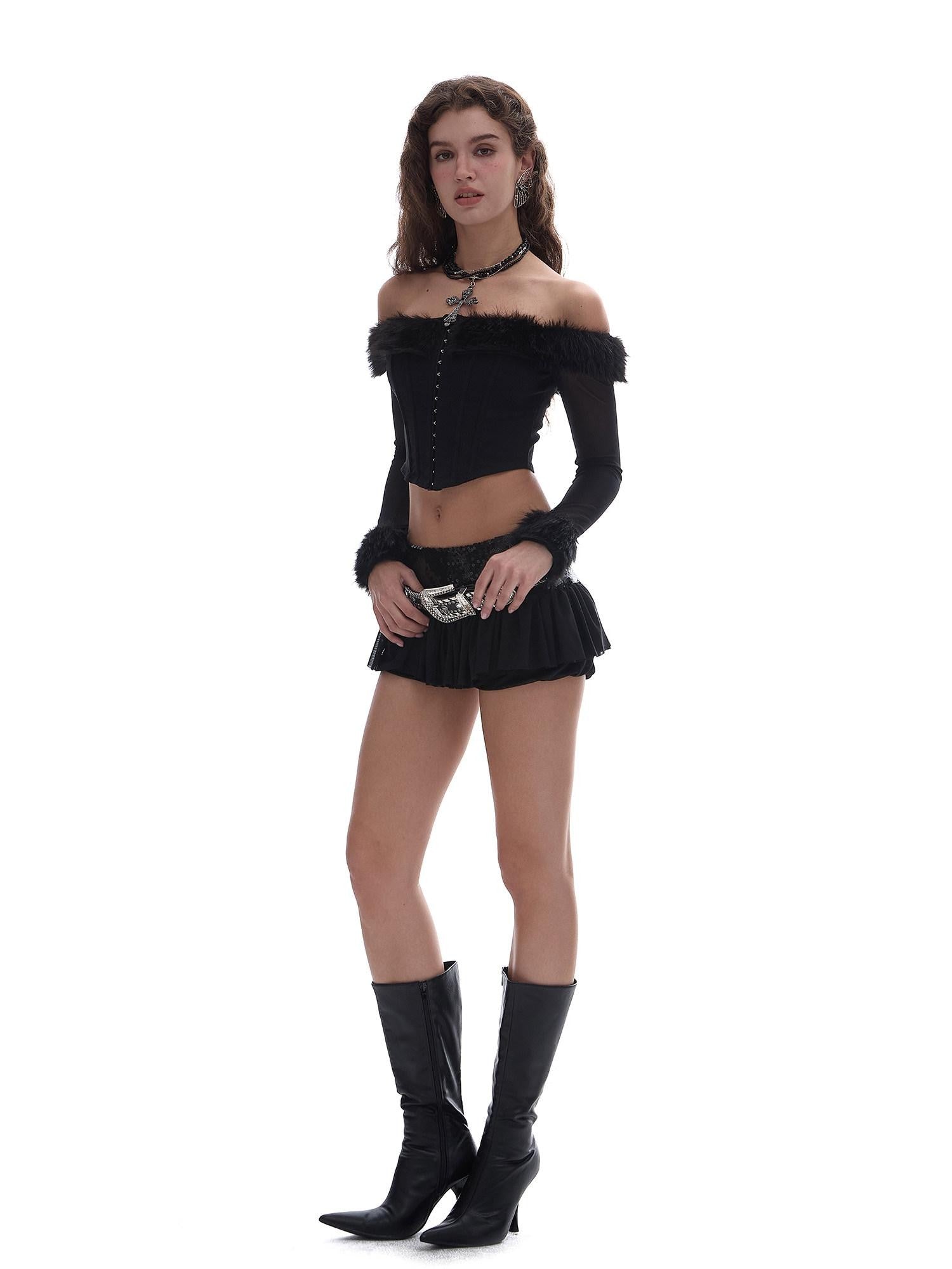 START THE ENGINE One Shoulder Fur Collar Spliced Hook Boned Women's Mesh Long Sleeve T-shirts