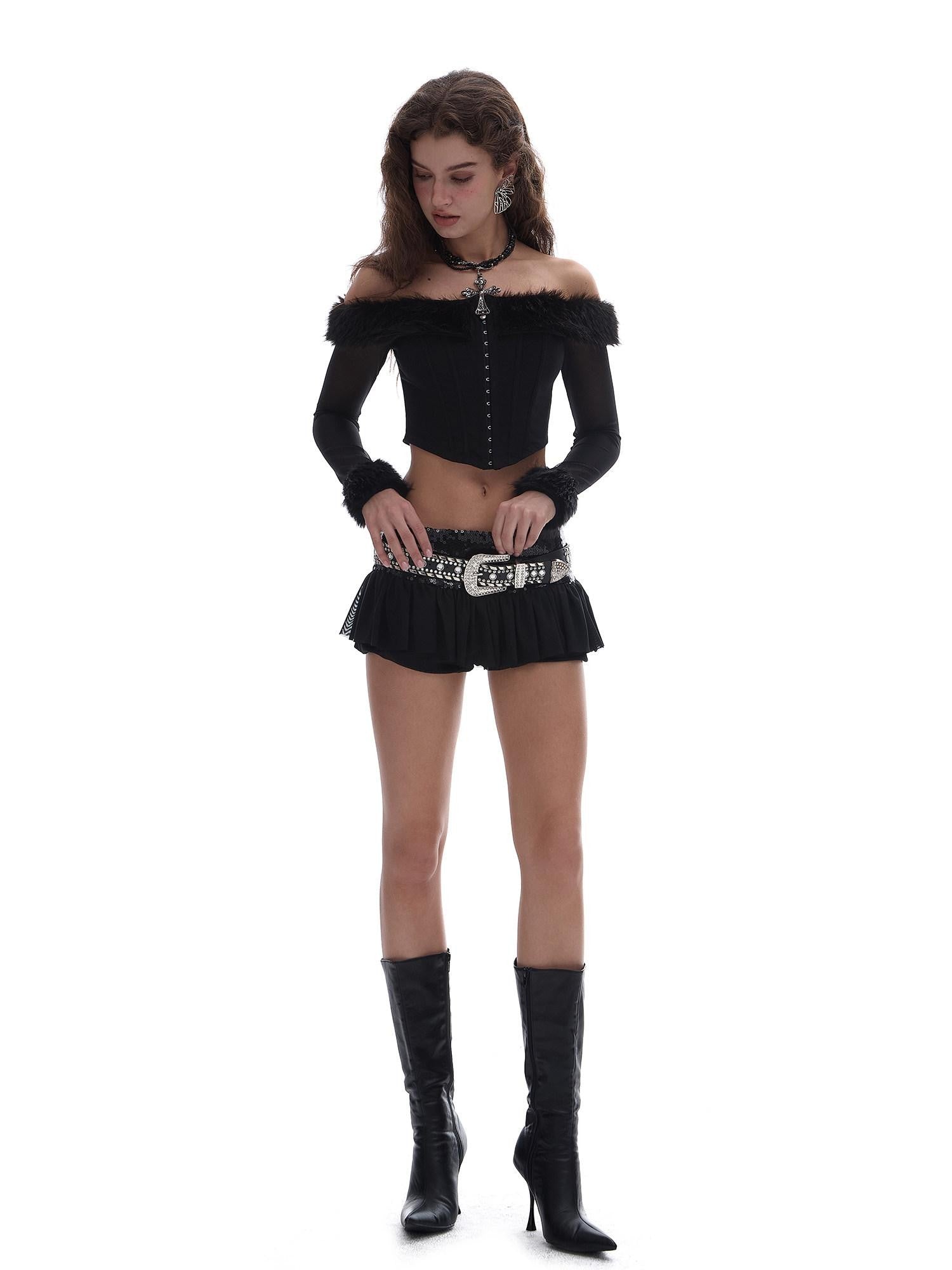 START THE ENGINE One Shoulder Fur Collar Spliced Hook Boned Women's Mesh Long Sleeve T-shirts