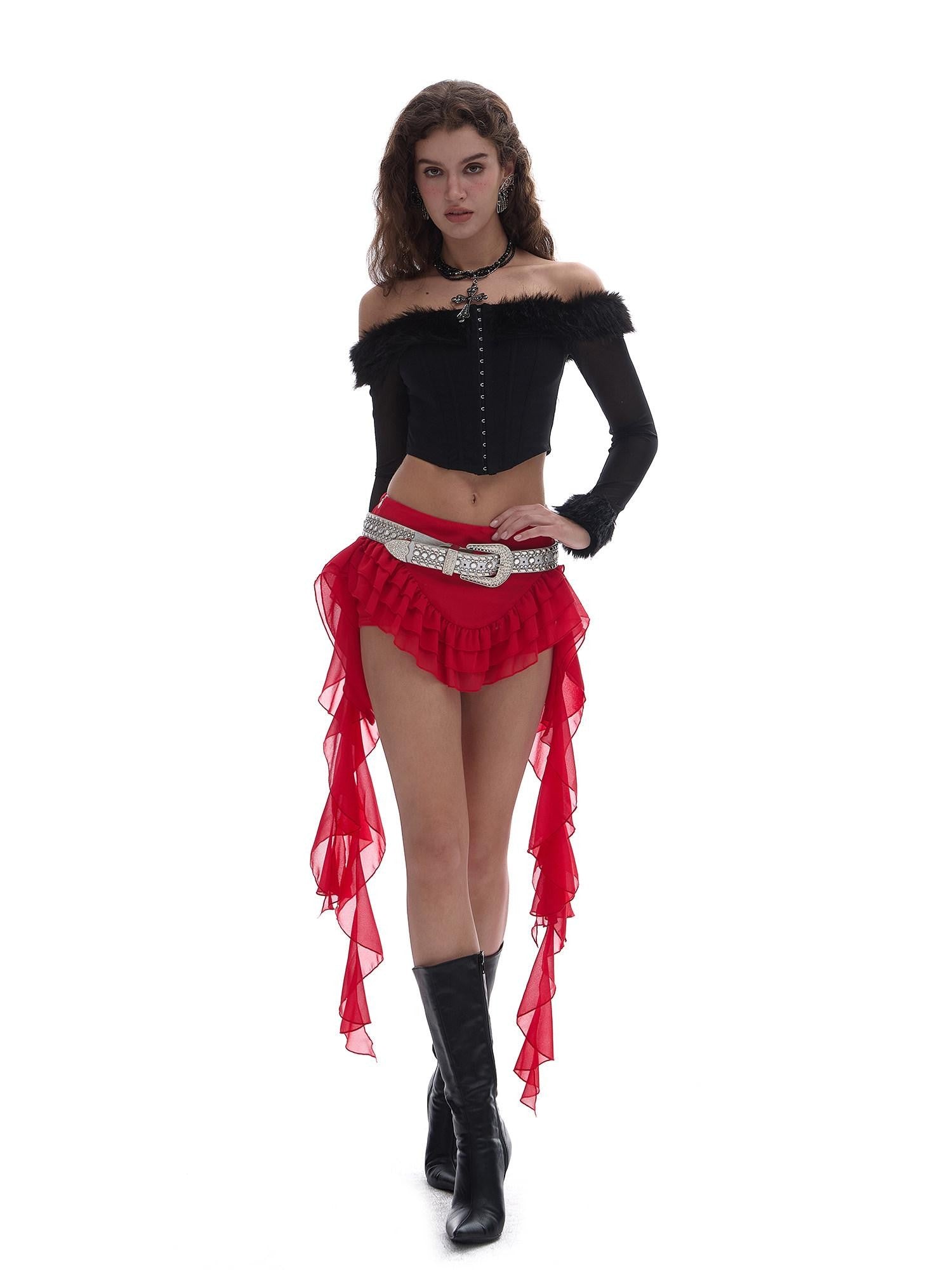 START THE ENGINE One Shoulder Fur Collar Spliced Hook Boned Women's Mesh Long Sleeve T-shirts