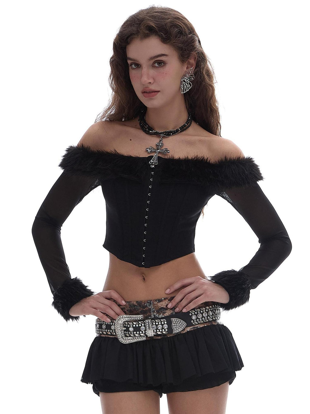 START THE ENGINE One Shoulder Fur Collar Spliced Hook Boned Women's Mesh Long Sleeve T-shirts
