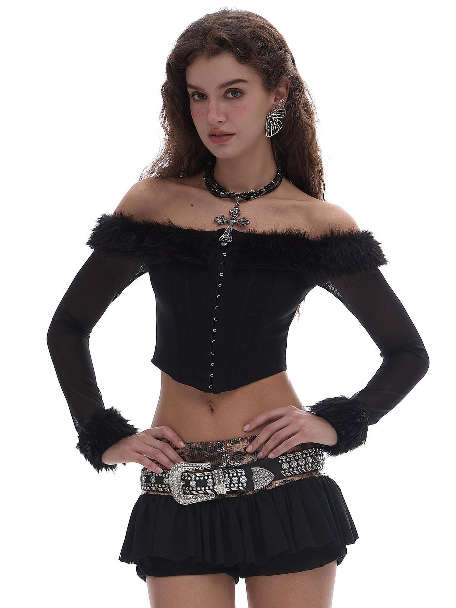 START THE ENGINE One Shoulder Fur Collar Spliced Hook Boned Women's Mesh Long Sleeve T-shirts