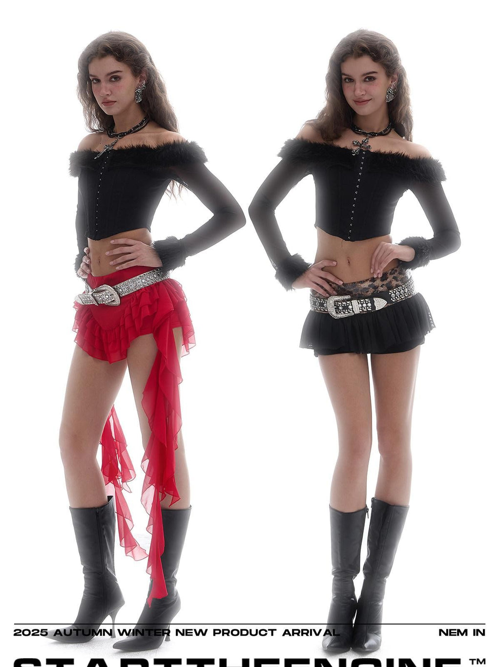 START THE ENGINE One Shoulder Fur Collar Spliced Hook Boned Women's Mesh Long Sleeve T-shirts