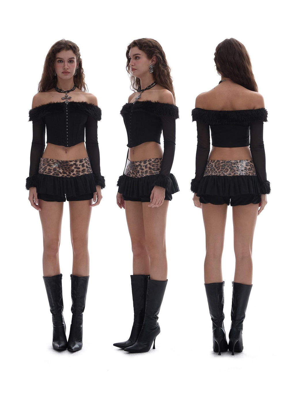 START THE ENGINE One Shoulder Fur Collar Spliced Hook Boned Women's Mesh Long Sleeve T-shirts