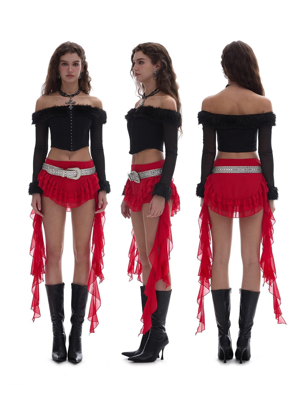 START THE ENGINE One Shoulder Fur Collar Spliced Hook Boned Women's Mesh Long Sleeve T-shirts