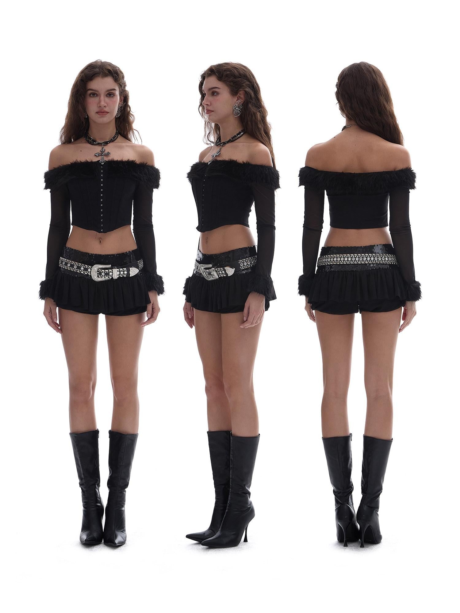 START THE ENGINE One Shoulder Fur Collar Spliced Hook Boned Women's Mesh Long Sleeve T-shirts