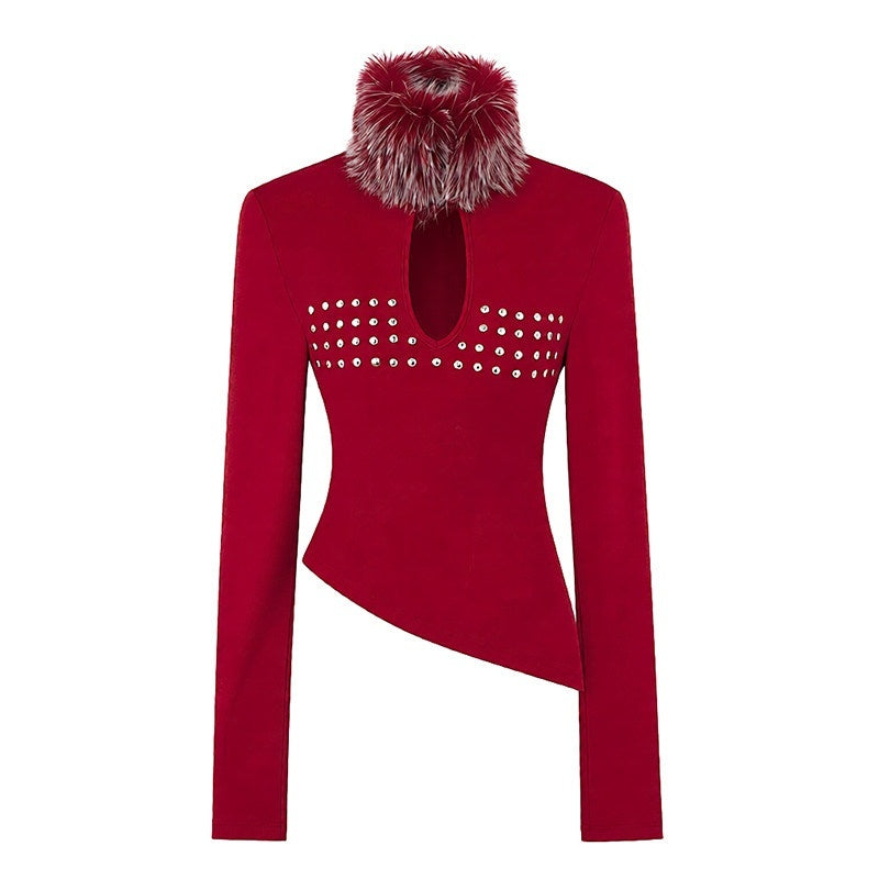 START_THE_ENGINE_Red_Asymmetric_Stretch_Knit_Fur_Collar_Women's_Cotton_Long_Sleeve_T-shirts_1003649495630_MISSTT