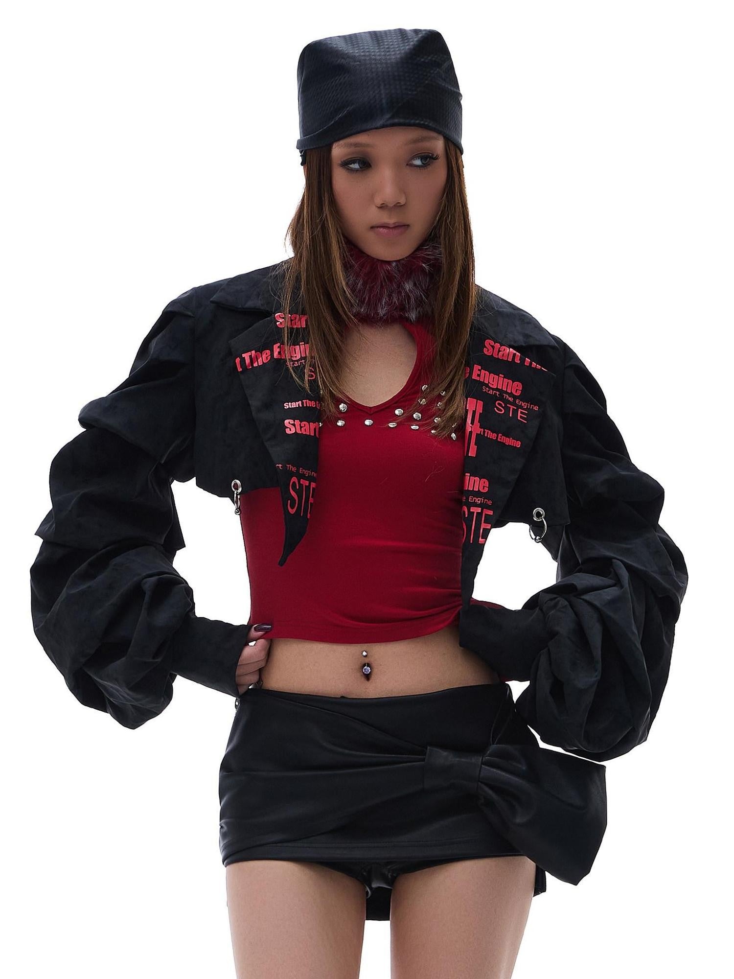 START THE ENGINE Red Asymmetric Stretch Knit Fur Collar Women's Cotton Long Sleeve T-shirts