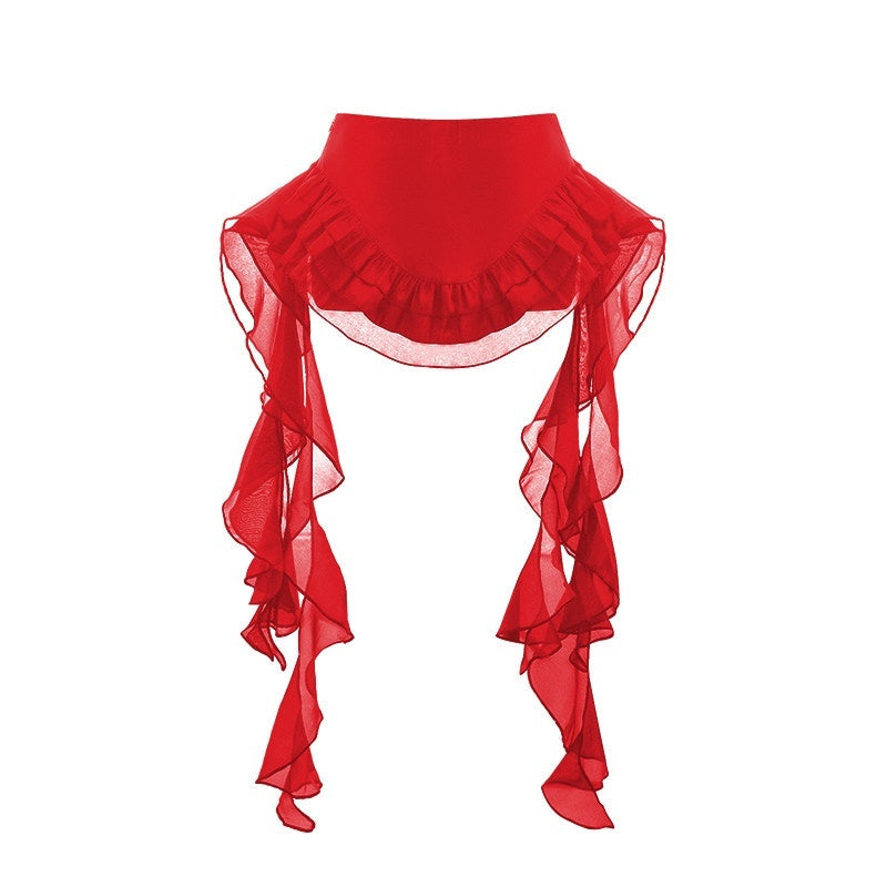 START_THE_ENGINE_Red_Mesh_Irregular_Ruffle_Ribbon_Spliced_Women's_Polyester_Skorts_1020851402376_MISSTT