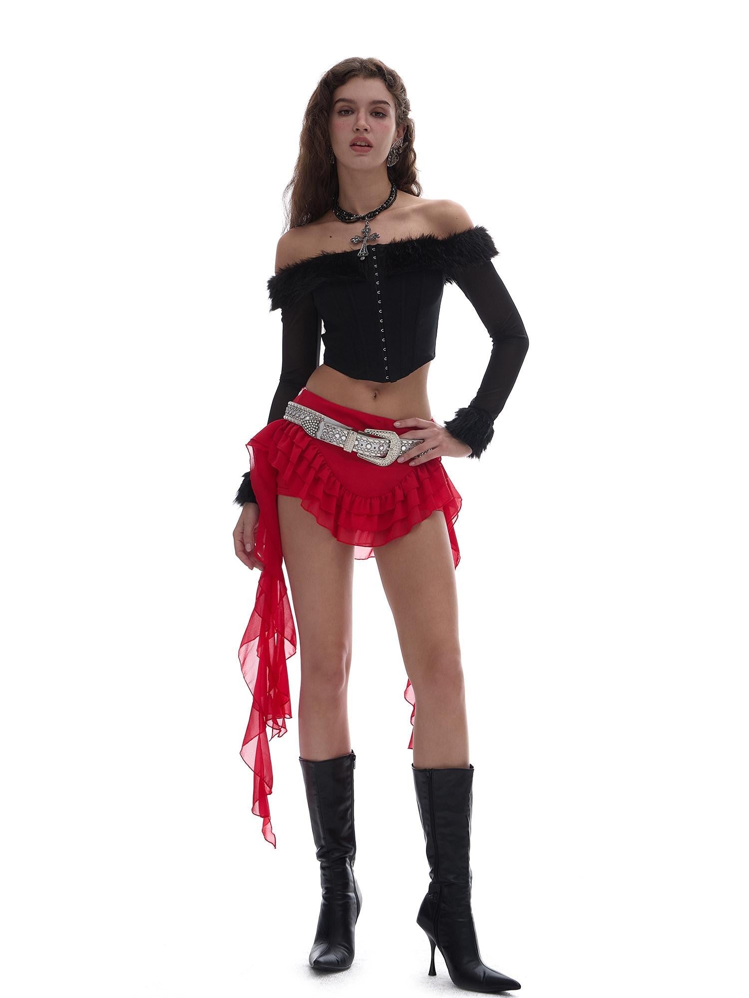 START THE ENGINE Red Mesh Irregular Ruffle Ribbon Spliced Women's Polyester Skorts