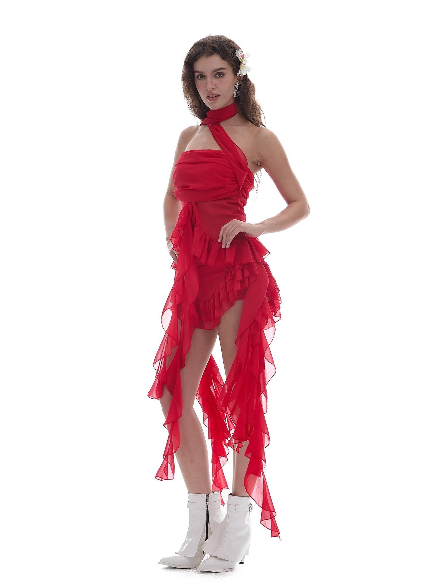START THE ENGINE Red Mesh Irregular Ruffle Ribbon Spliced Women's Polyester Skorts