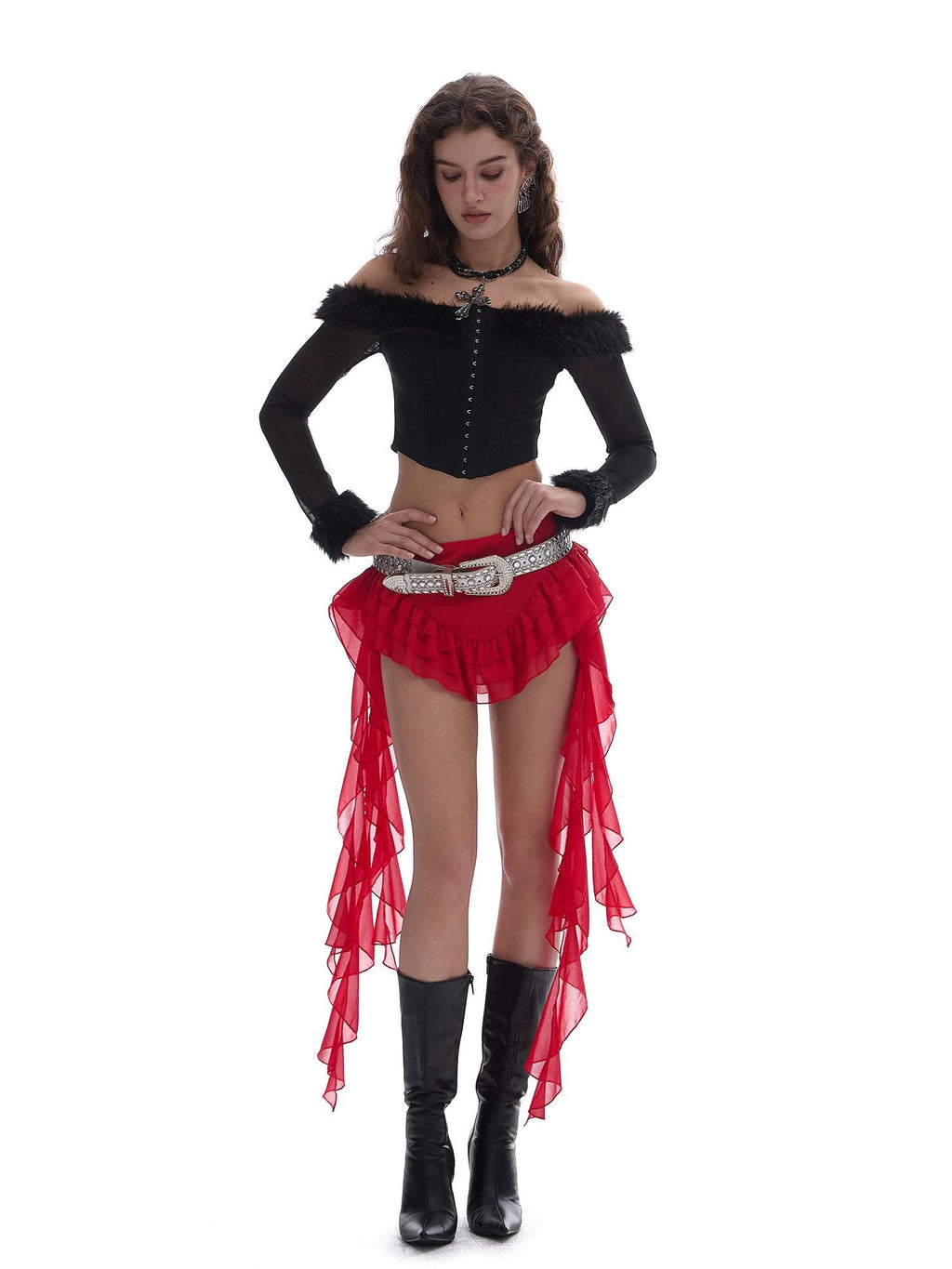 START THE ENGINE Red Mesh Irregular Ruffle Ribbon Spliced Women's Polyester Skorts