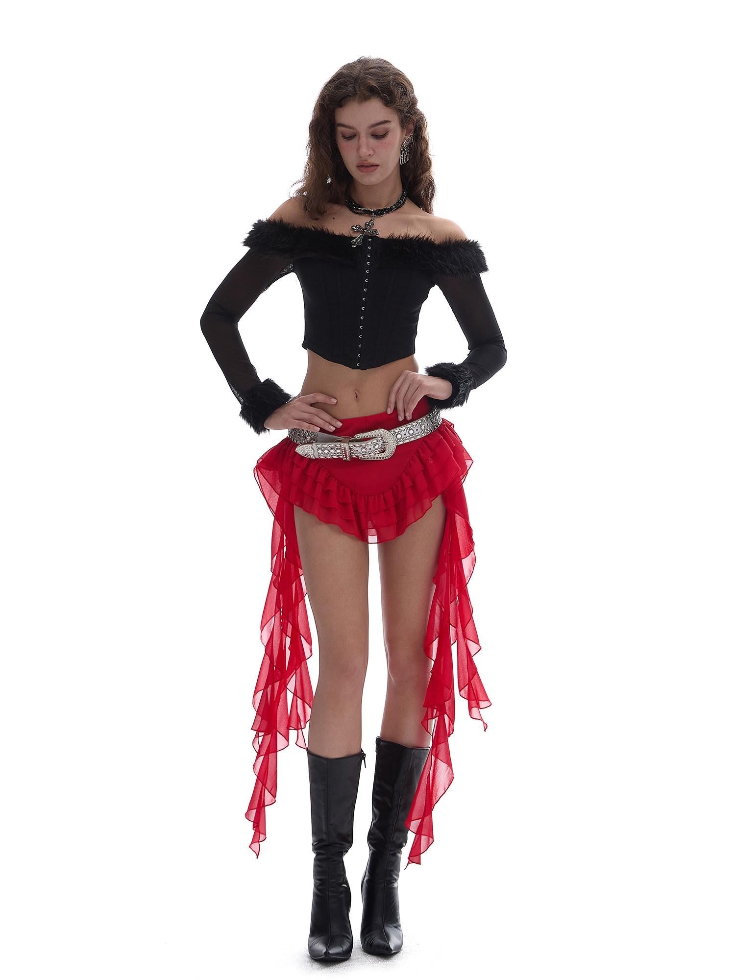 START THE ENGINE Red Mesh Irregular Ruffle Ribbon Spliced Women's Polyester Skorts