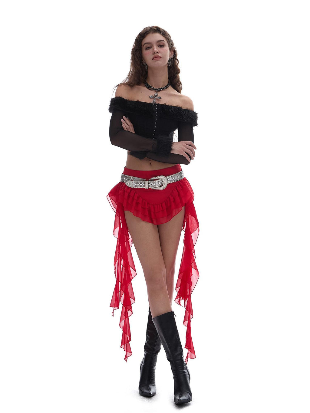 START THE ENGINE Red Mesh Irregular Ruffle Ribbon Spliced Women's Polyester Skorts