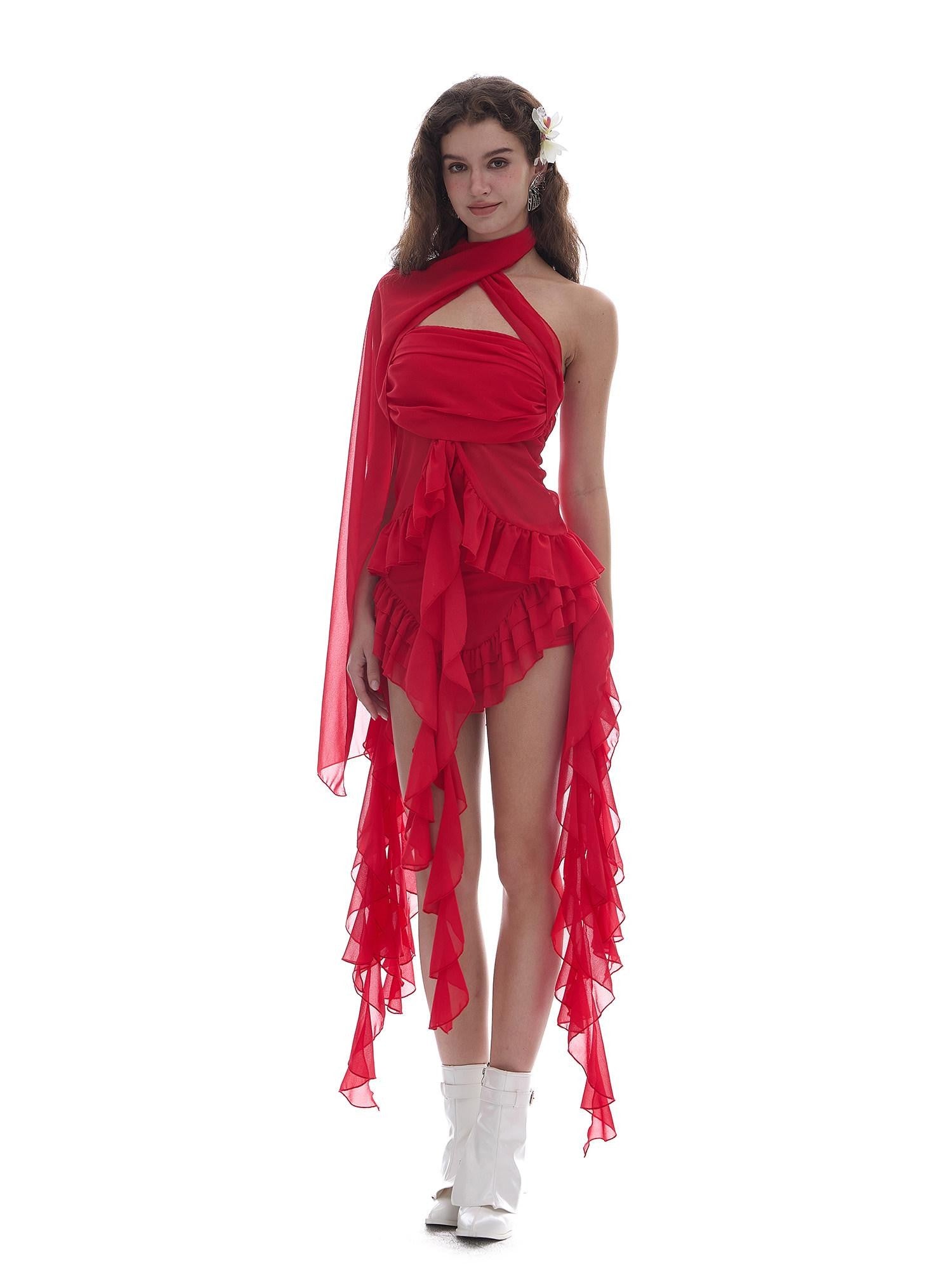 START THE ENGINE Red Mesh Irregular Ruffle Ribbon Spliced Women's Polyester Skorts