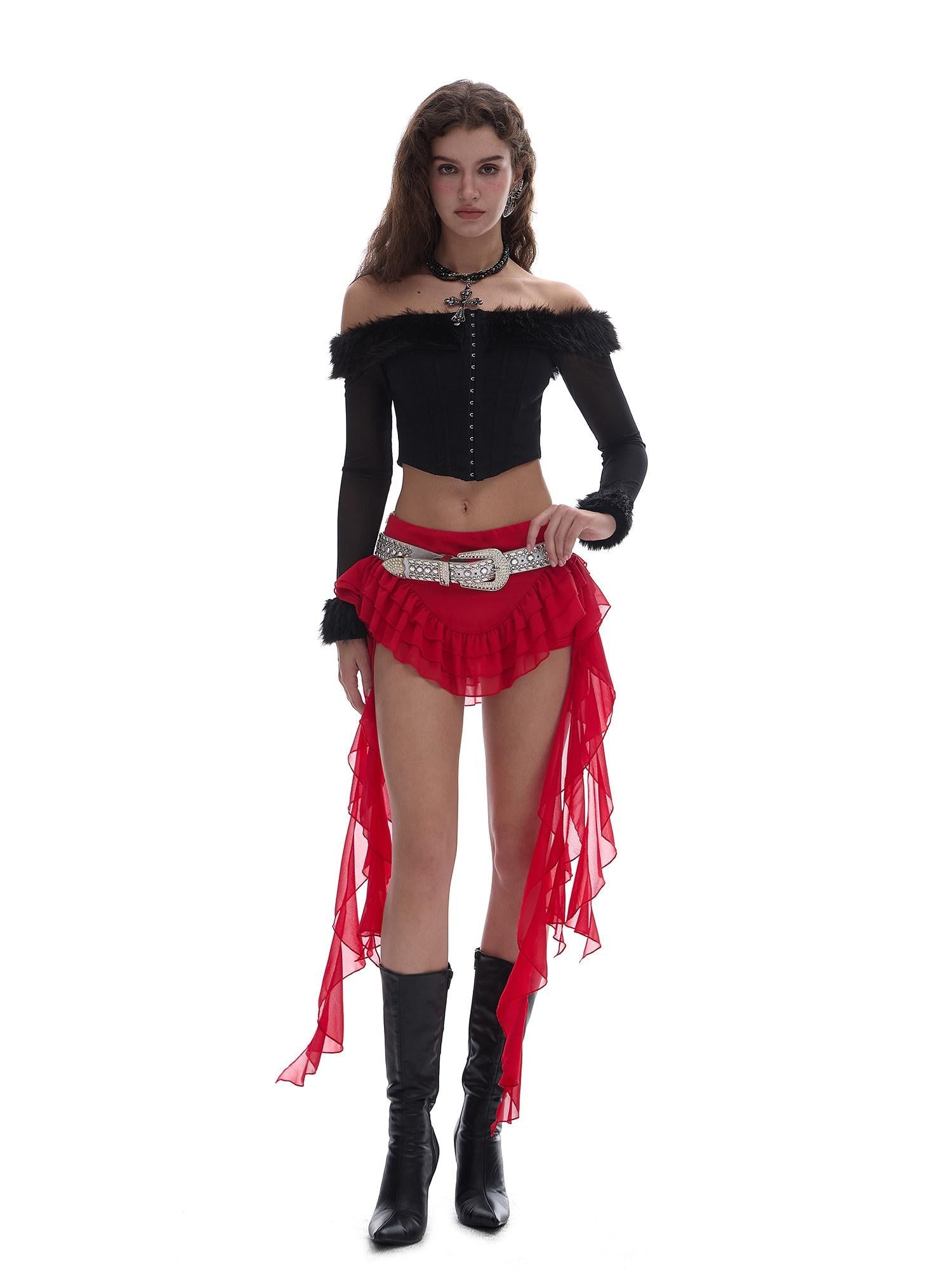 START THE ENGINE Red Mesh Irregular Ruffle Ribbon Spliced Women's Polyester Skorts