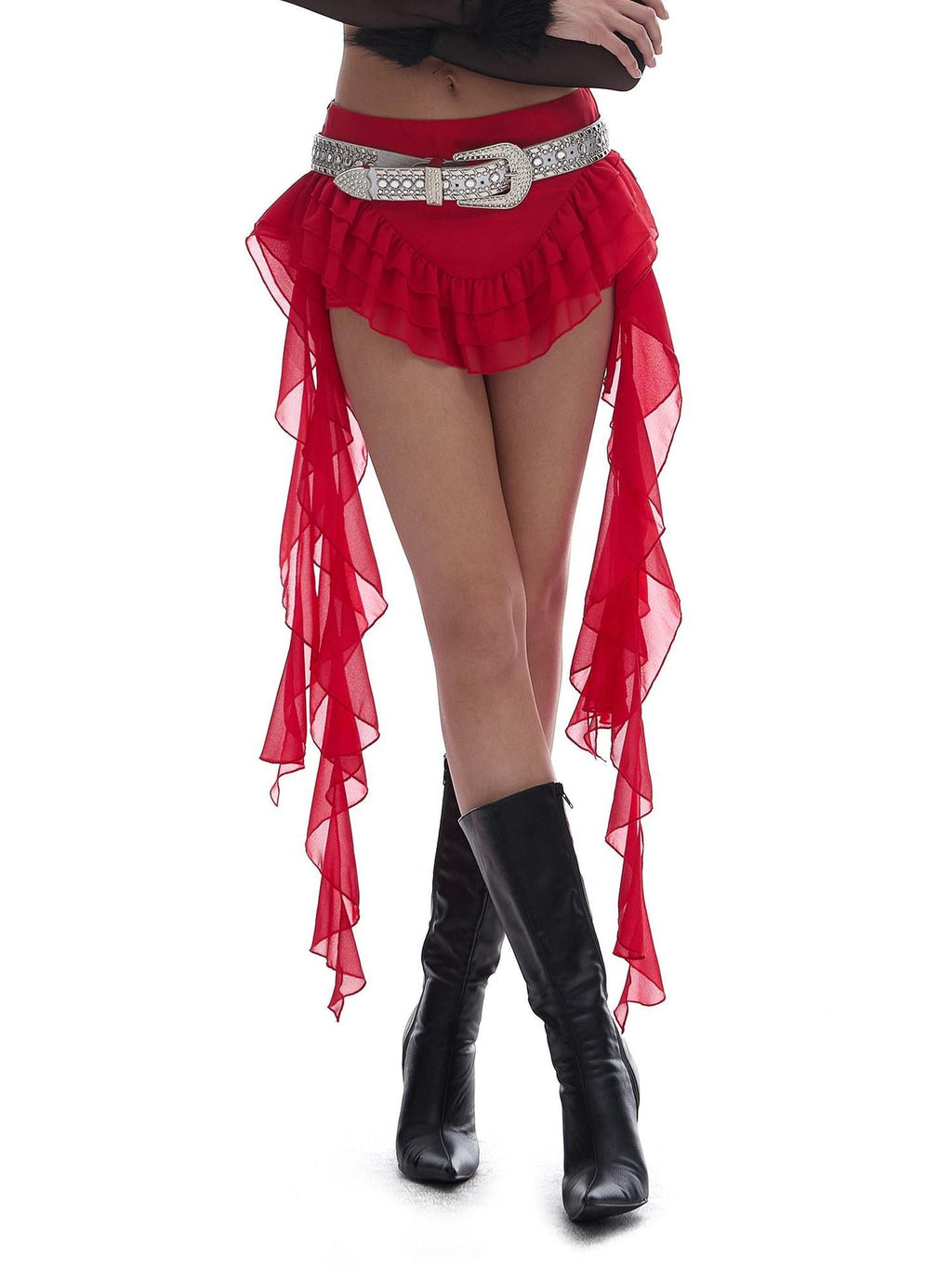 START THE ENGINE Red Mesh Irregular Ruffle Ribbon Spliced Women's Polyester Skorts