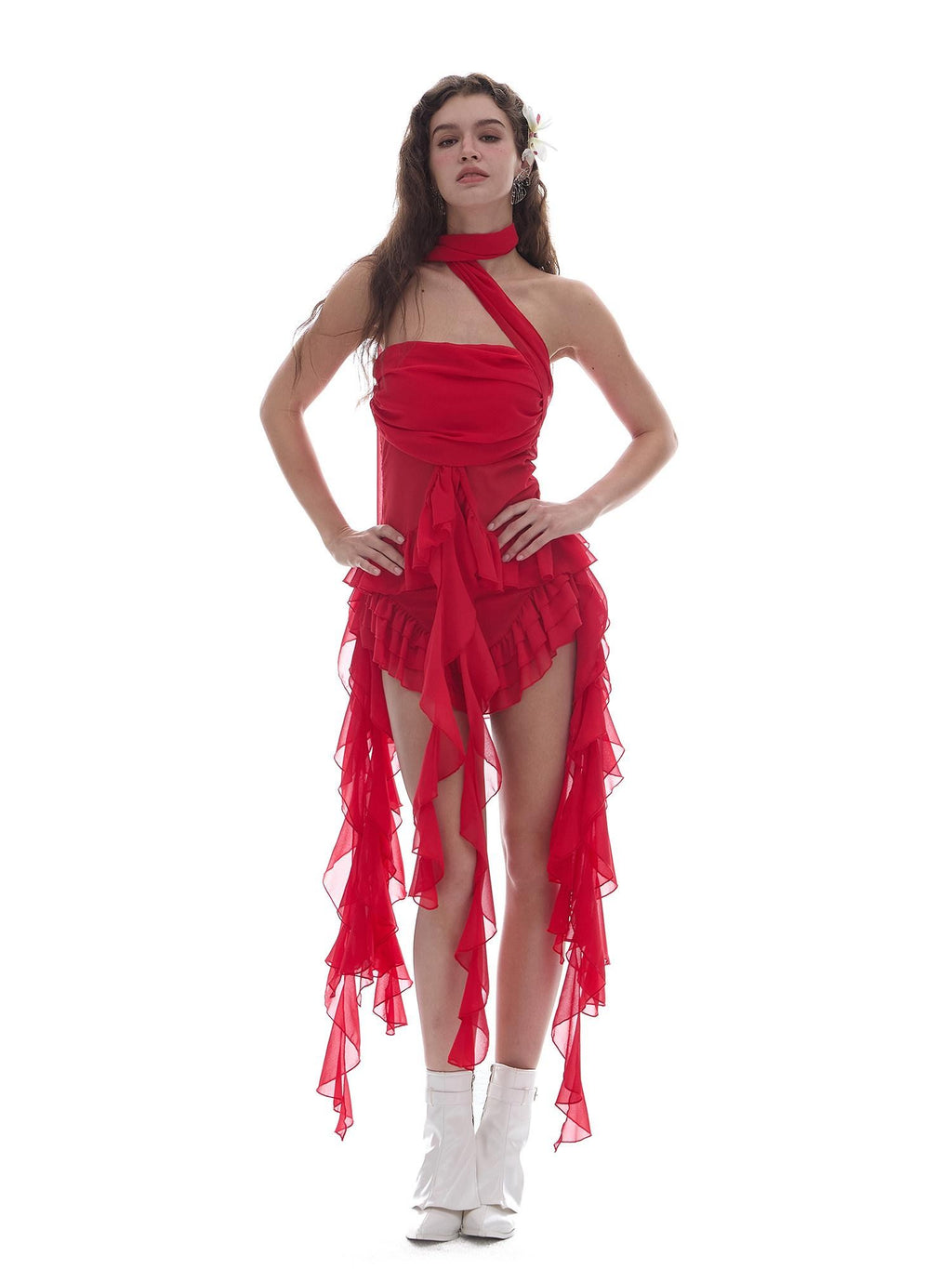 START THE ENGINE Red Mesh Irregular Ruffle Ribbon Spliced Women's Polyester Skorts