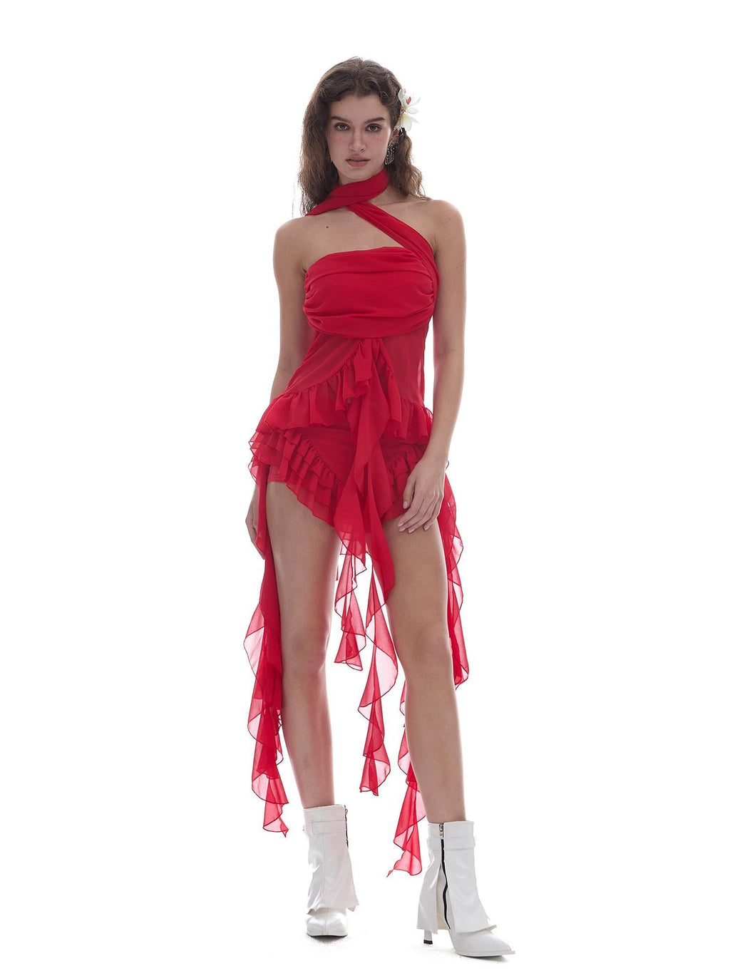 START THE ENGINE Red Mesh Irregular Ruffle Ribbon Spliced Women's Polyester Skorts