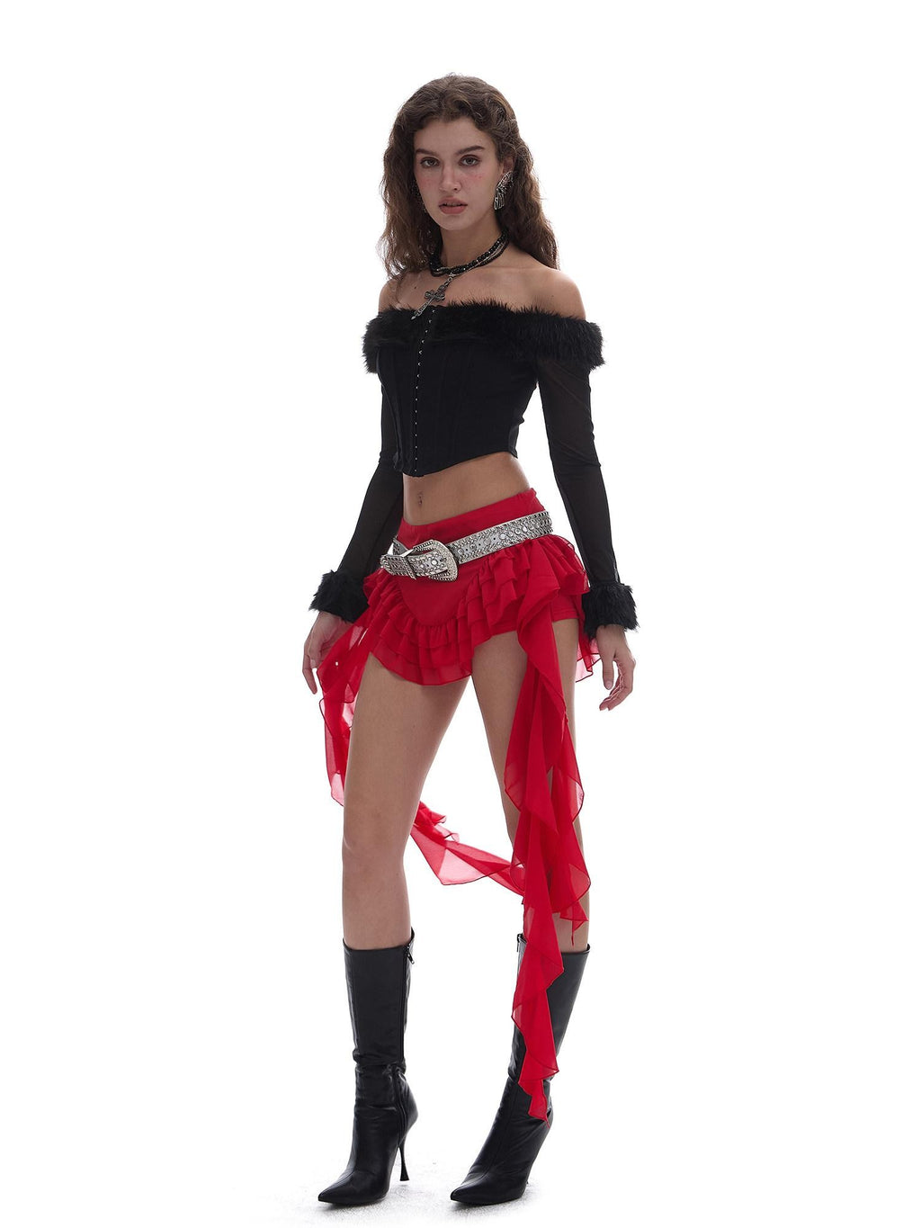 START THE ENGINE Red Mesh Irregular Ruffle Ribbon Spliced Women's Polyester Skorts