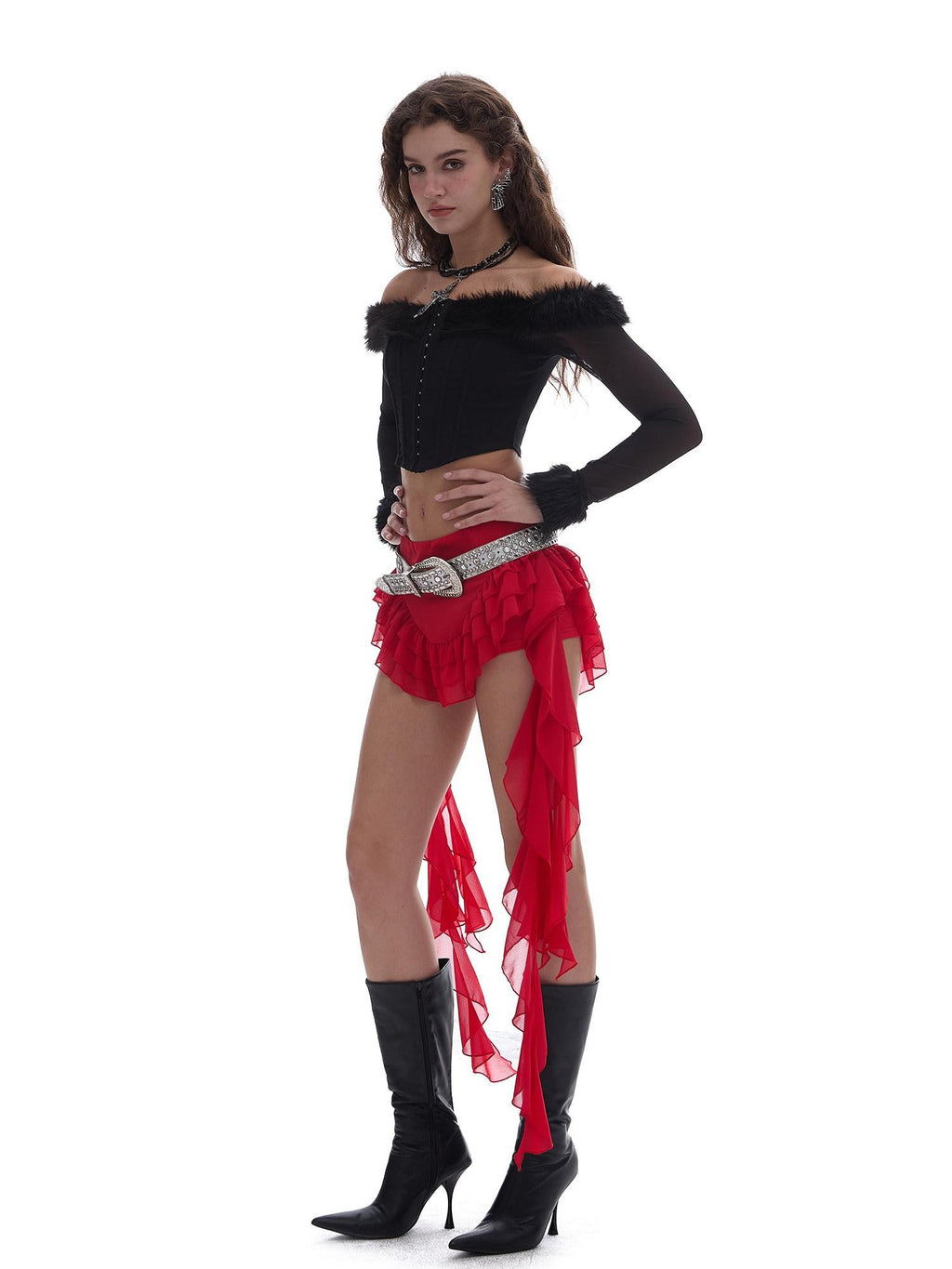 START THE ENGINE Red Mesh Irregular Ruffle Ribbon Spliced Women's Polyester Skorts