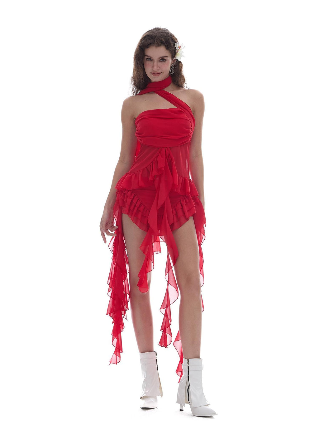 START THE ENGINE Red Mesh Irregular Ruffle Ribbon Spliced Women's Polyester Skorts