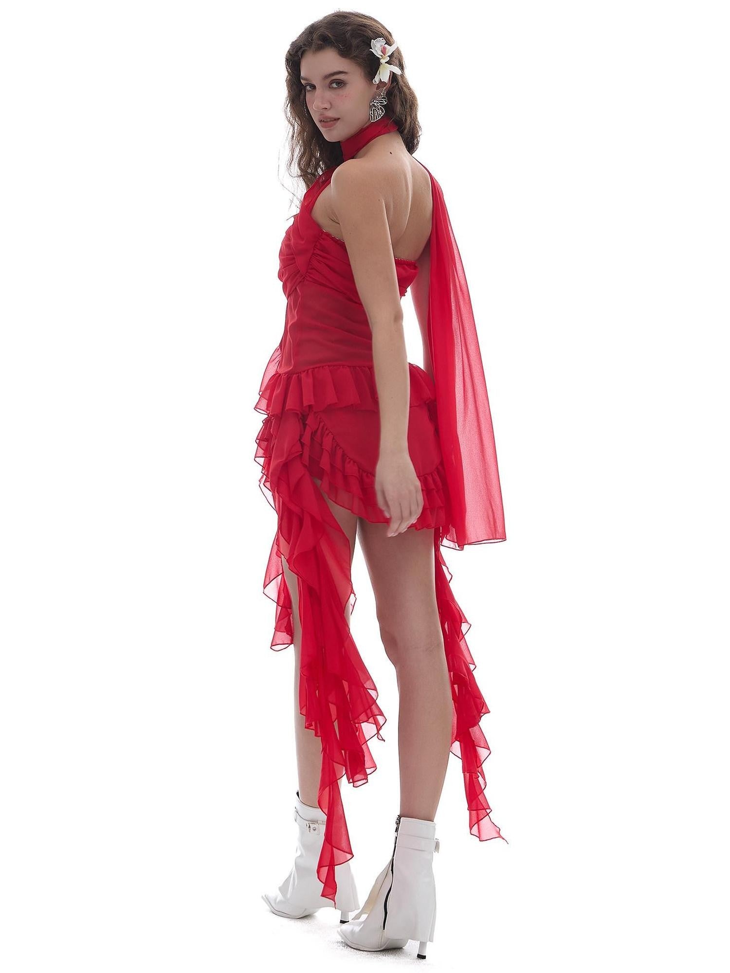 START THE ENGINE Red Mesh Irregular Ruffle Ribbon Spliced Women's Polyester Skorts