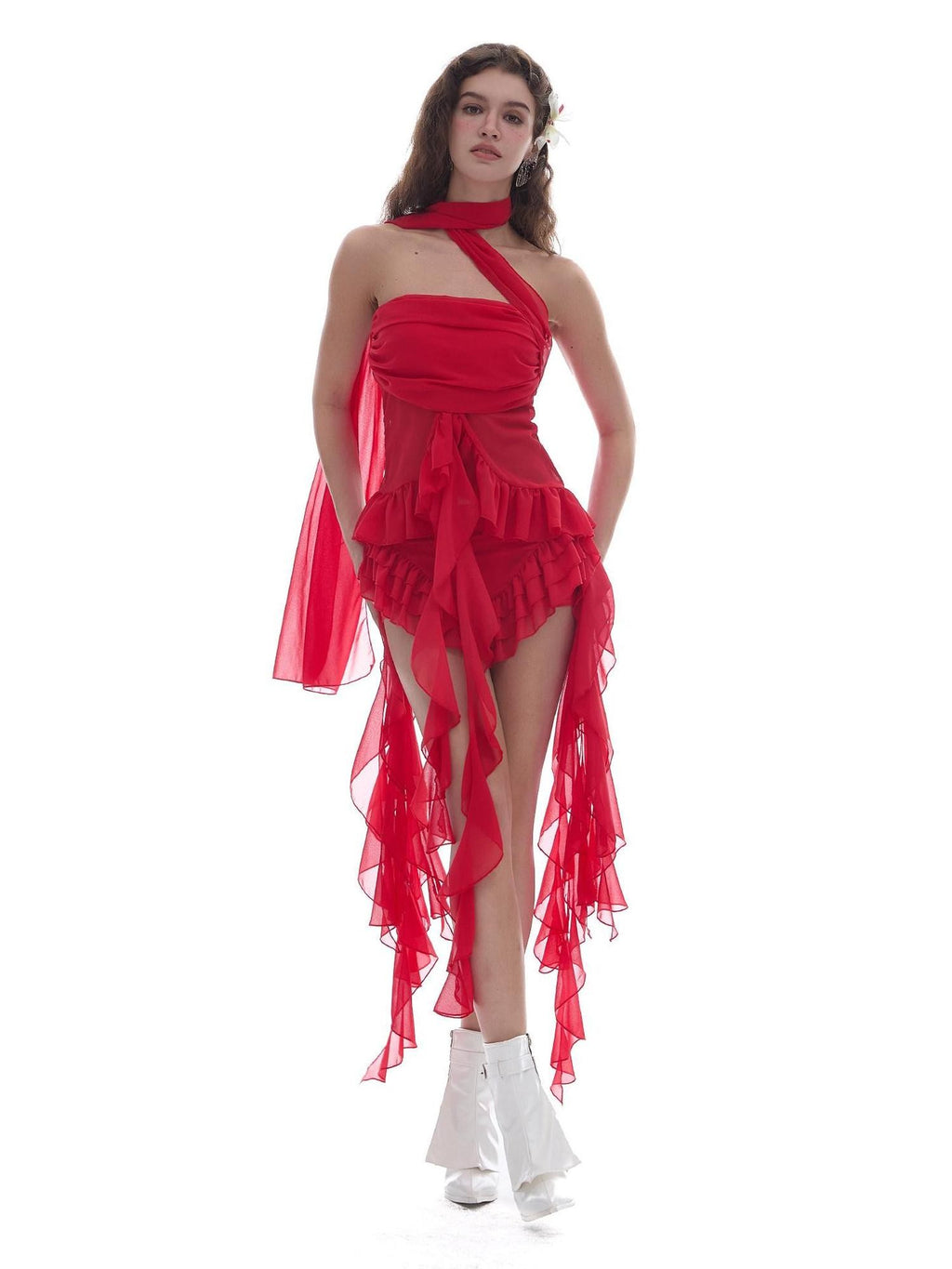 START THE ENGINE Red Mesh Irregular Ruffle Ribbon Spliced Women's Polyester Skorts