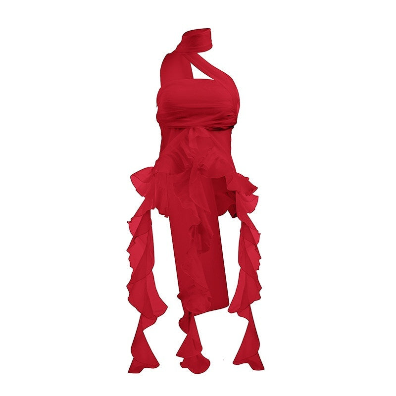 START_THE_ENGINE_Red_Mesh_Ruffle_Halter_Ribbon_Built_In_Pad_Slim_Fit_Women's_Polyester_Tube_Tops_1020188627205_MISSTT