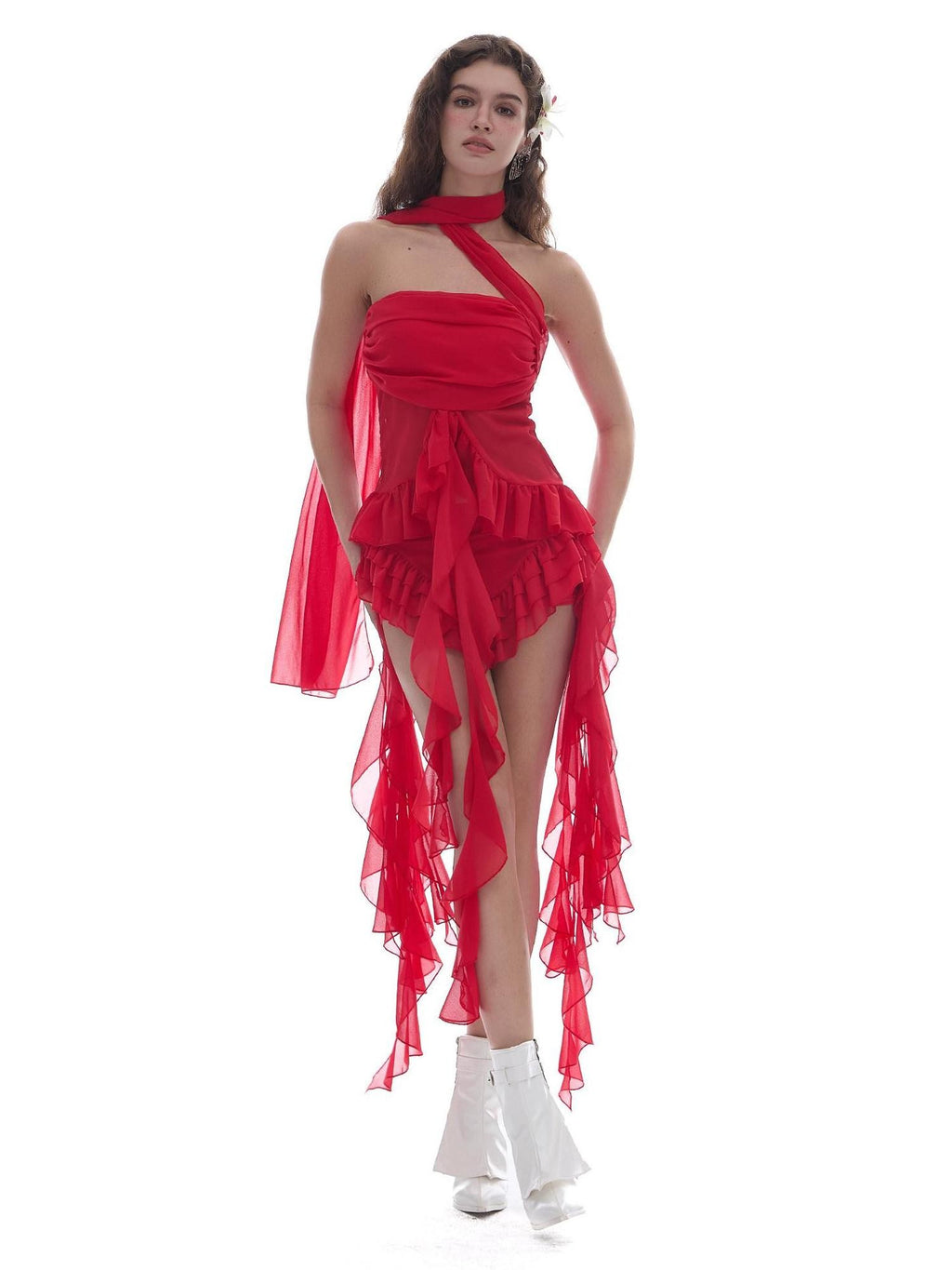 START THE ENGINE Red Mesh Ruffle Halter Ribbon Built In Pad Slim Fit Women's Polyester Tube Tops
