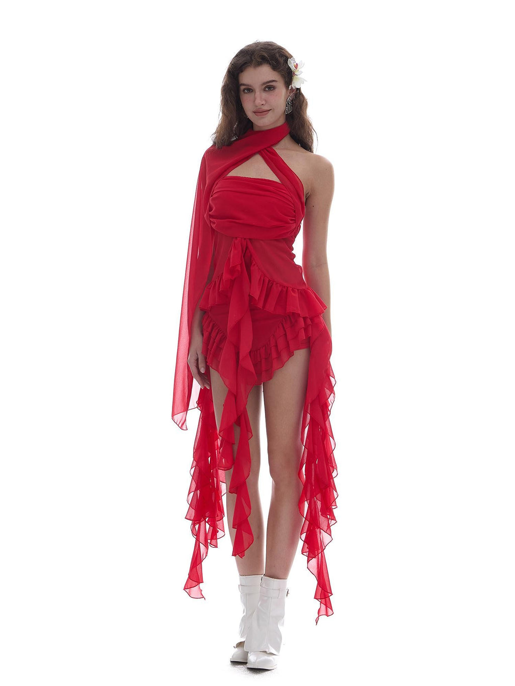 START THE ENGINE Red Mesh Ruffle Halter Ribbon Built In Pad Slim Fit Women's Polyester Tube Tops