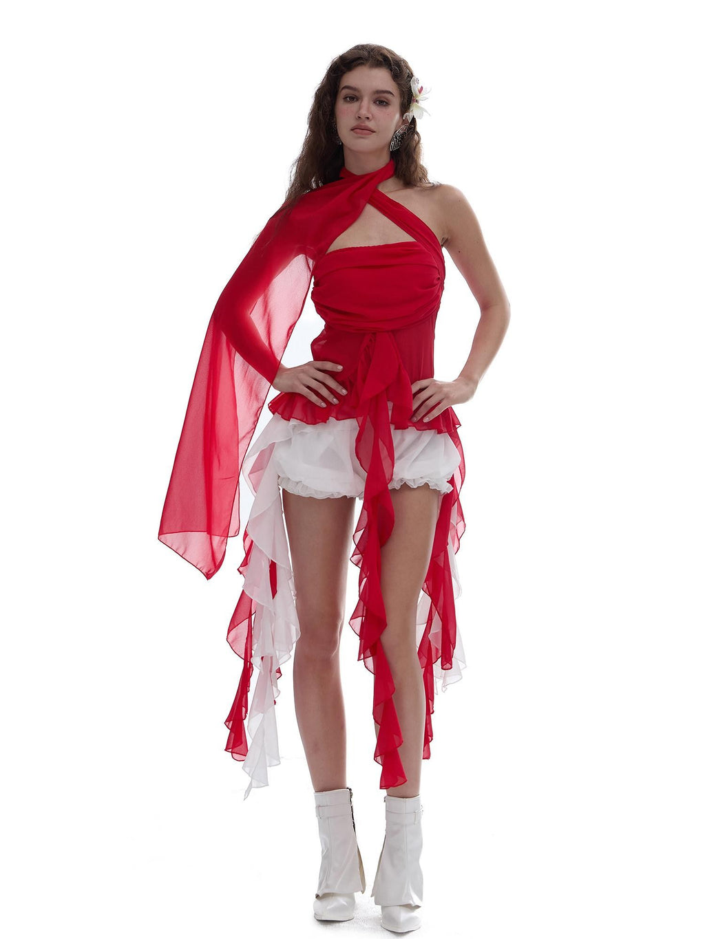 START THE ENGINE Red Mesh Ruffle Halter Ribbon Built In Pad Slim Fit Women's Polyester Tube Tops