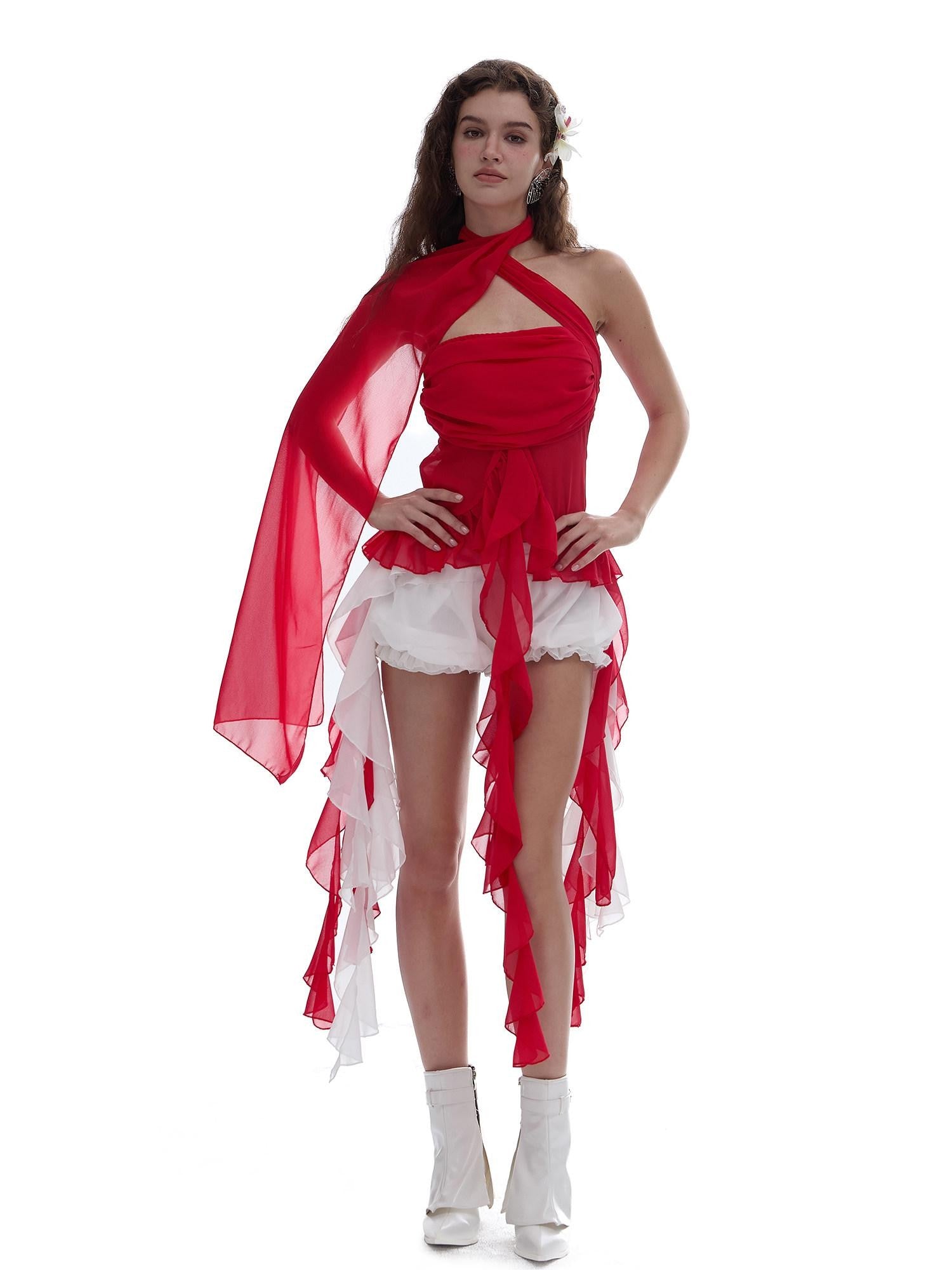 START THE ENGINE Red Mesh Ruffle Halter Ribbon Built In Pad Slim Fit Women's Polyester Tube Tops