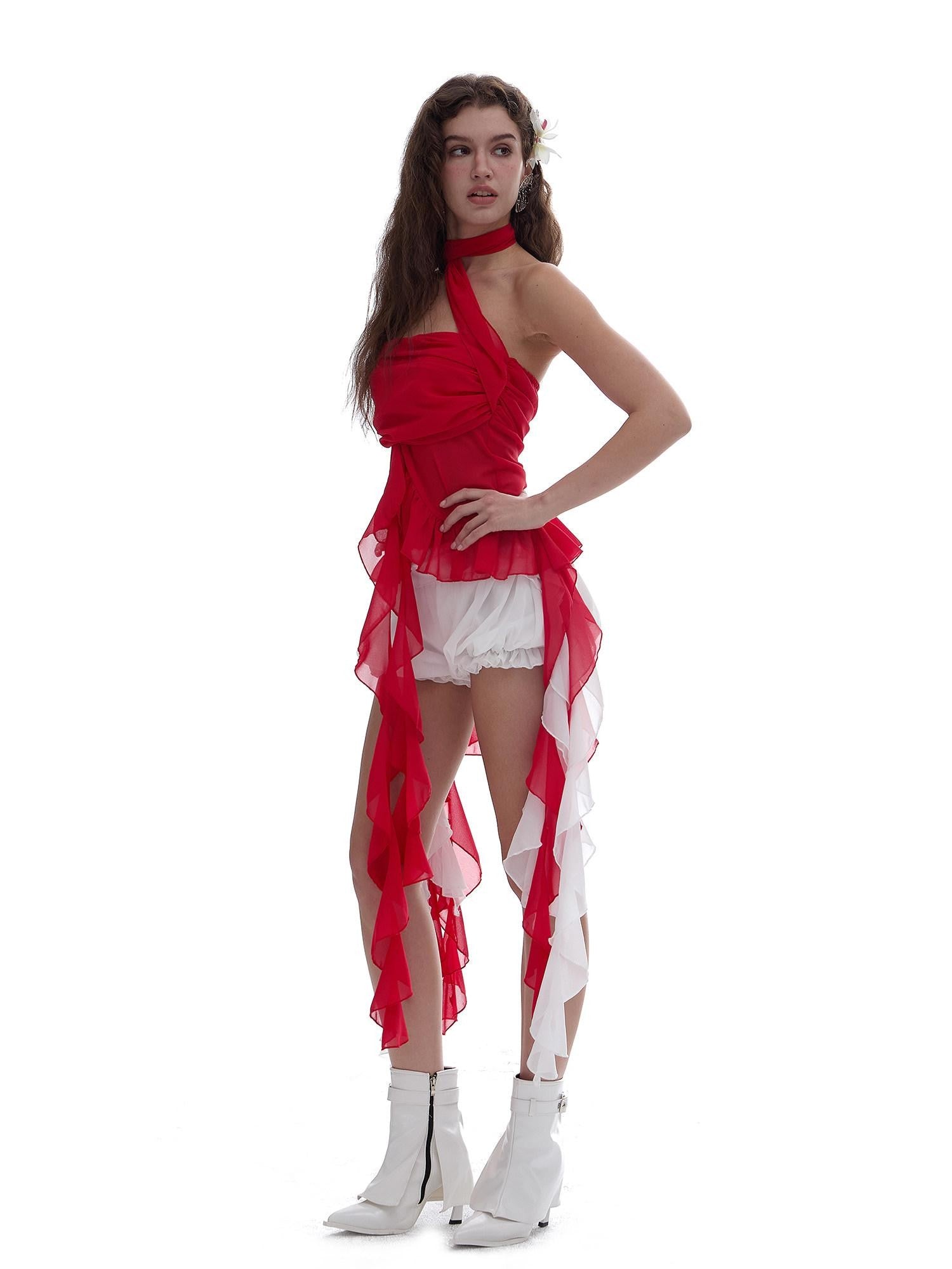 START THE ENGINE Red Mesh Ruffle Halter Ribbon Built In Pad Slim Fit Women's Polyester Tube Tops