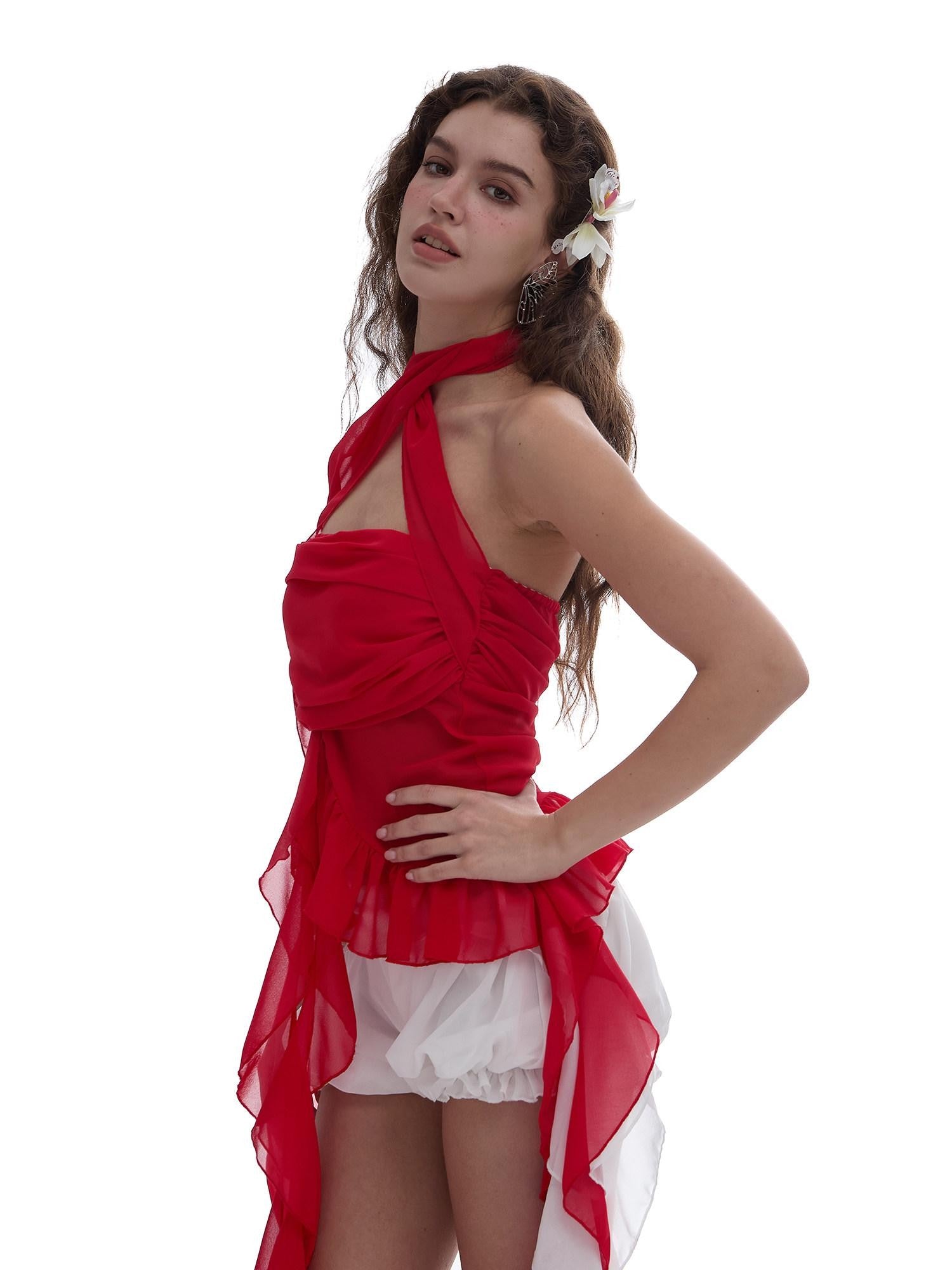 START THE ENGINE Red Mesh Ruffle Halter Ribbon Built In Pad Slim Fit Women's Polyester Tube Tops
