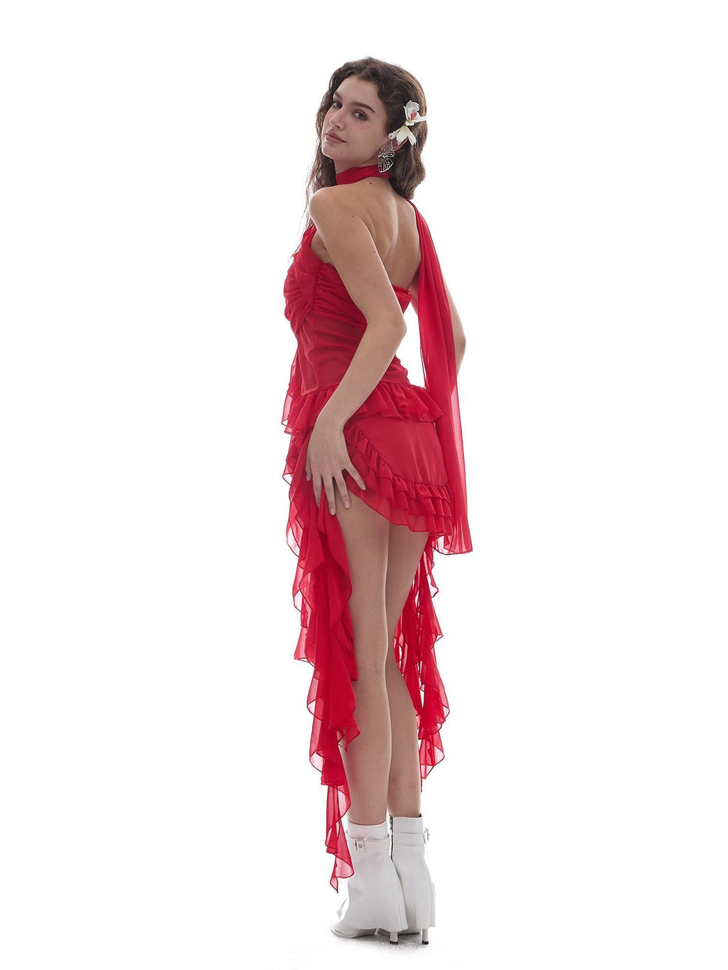 START THE ENGINE Red Mesh Ruffle Halter Ribbon Built In Pad Slim Fit Women's Polyester Tube Tops