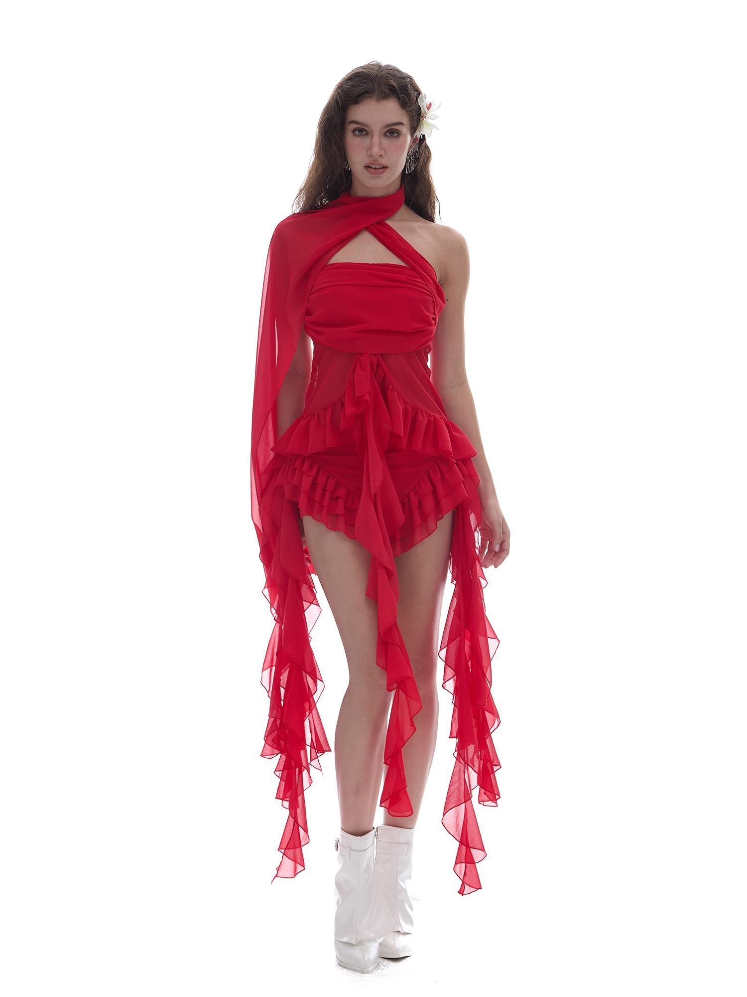 START THE ENGINE Red Mesh Ruffle Halter Ribbon Built In Pad Slim Fit Women's Polyester Tube Tops